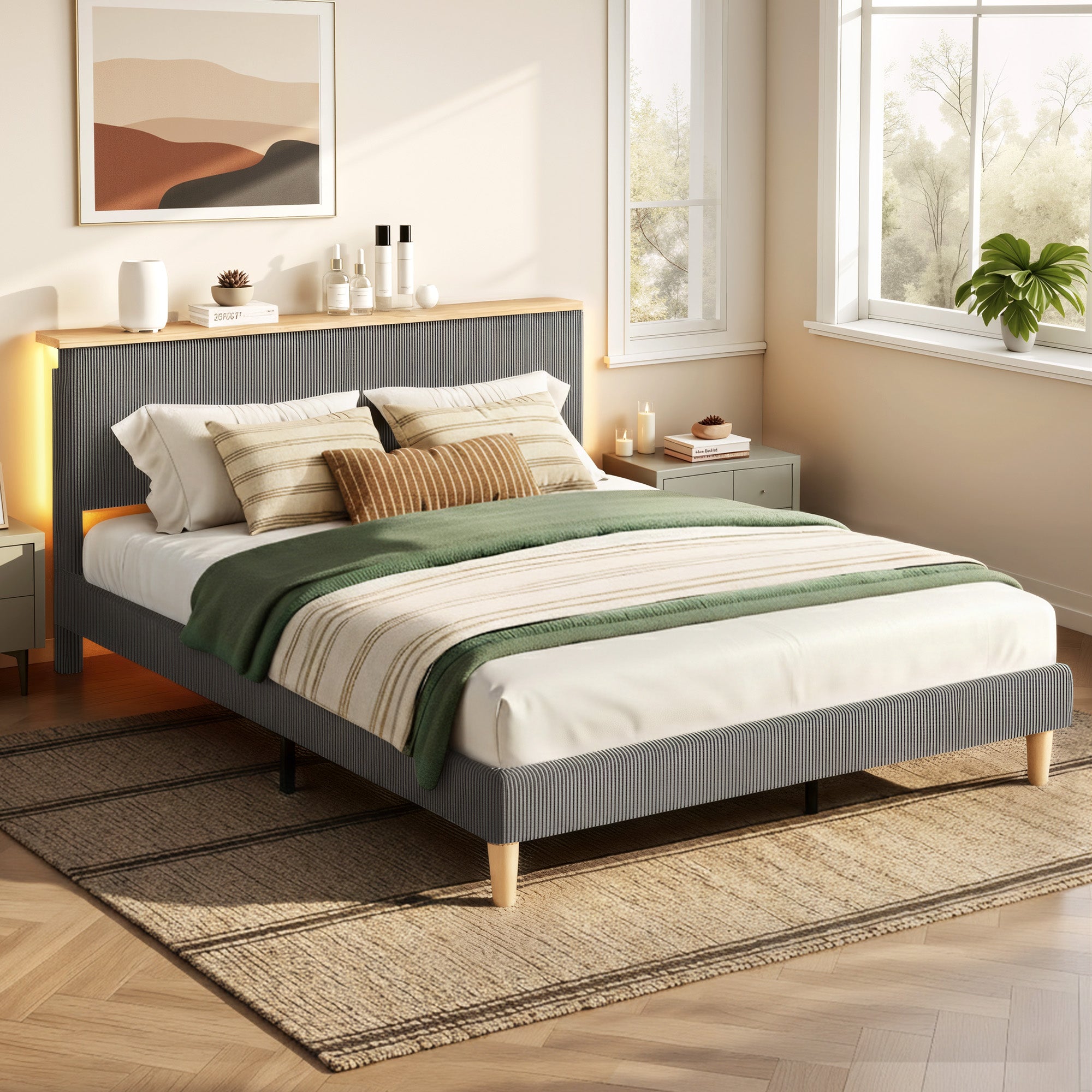 Beds & Bed Frames: Artiss Double Bed Frame Upholstered Adjustable Headboard Mood Lighting Heavy Duty Grey Velvet