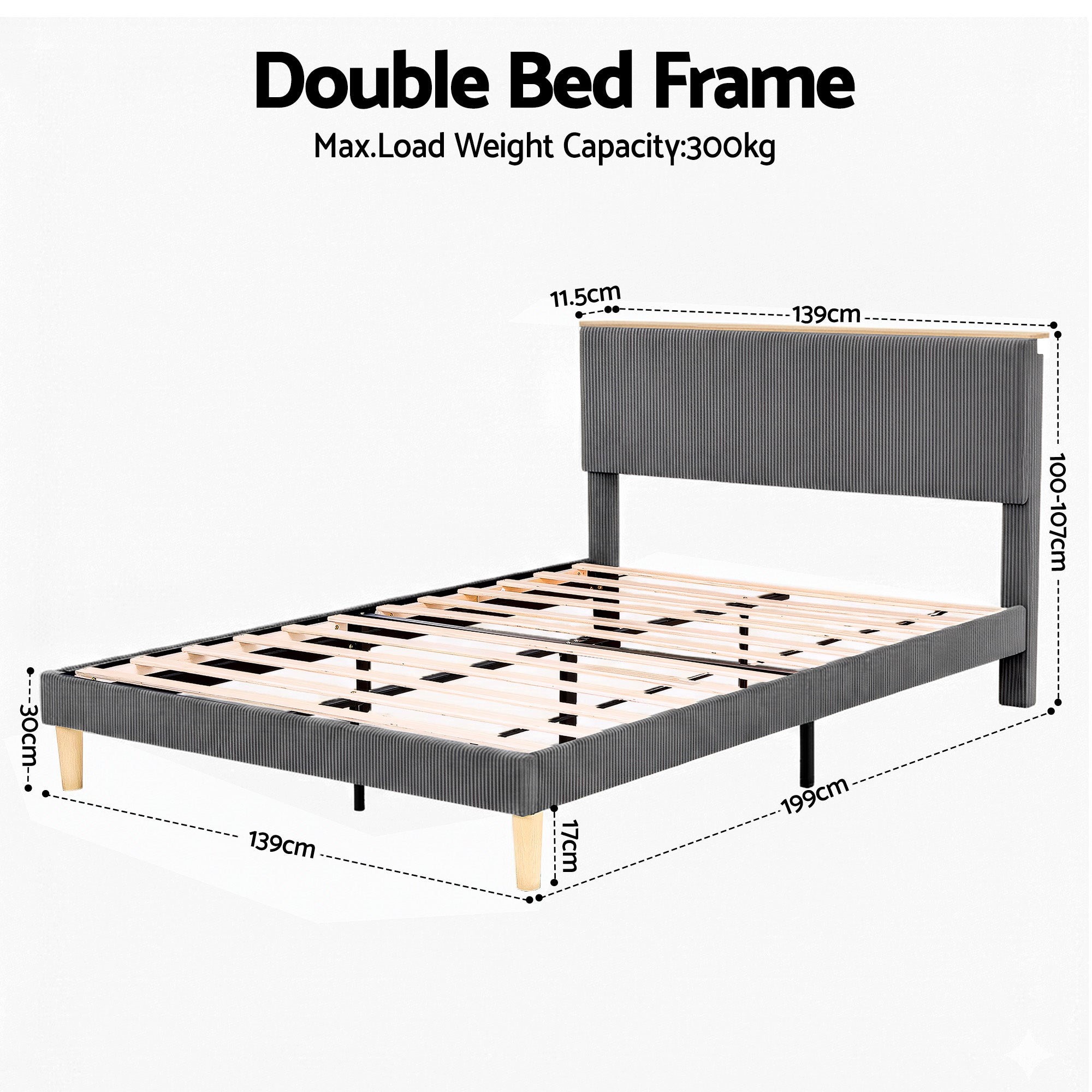 Beds & Bed Frames: Artiss Double Bed Frame Upholstered Adjustable Headboard Mood Lighting Heavy Duty Grey Velvet