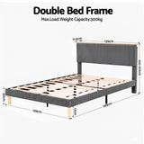 Beds & Bed Frames: Artiss Double Bed Frame Upholstered Adjustable Headboard Mood Lighting Heavy Duty Grey Velvet