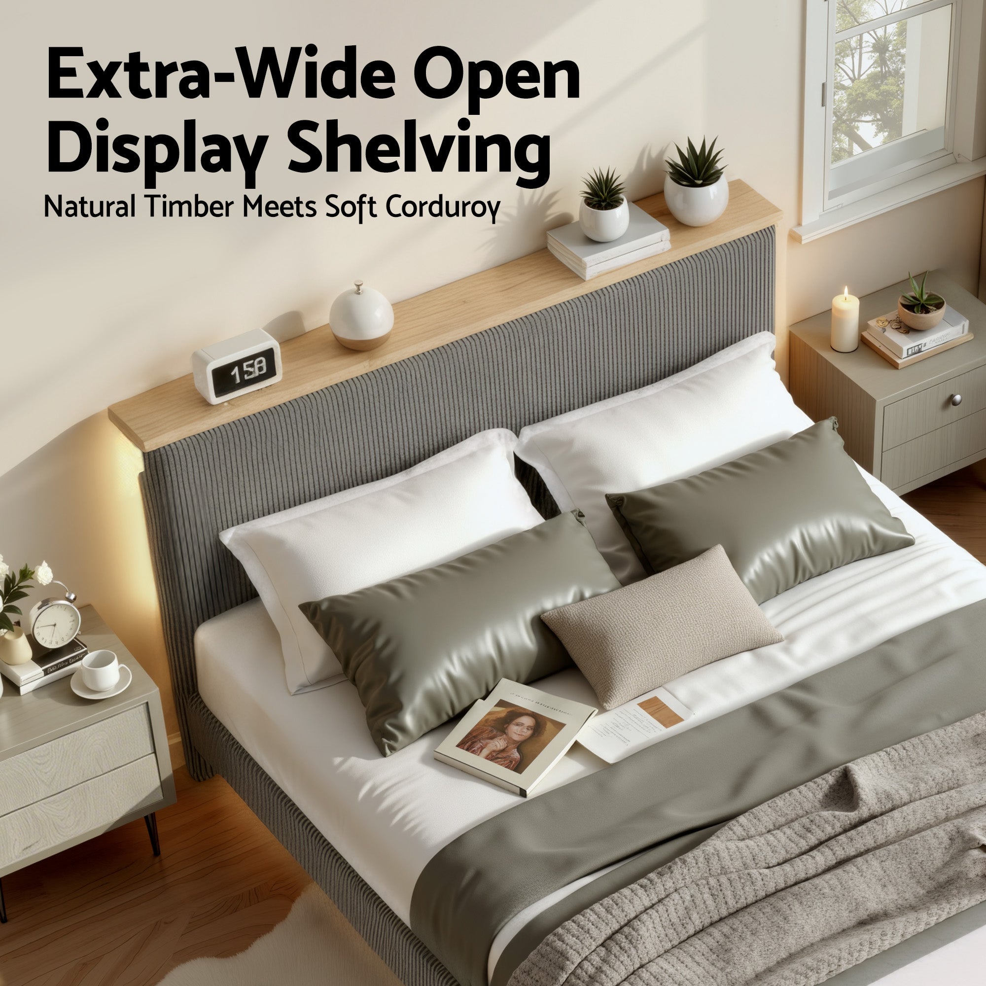 Beds & Bed Frames: Artiss Double Bed Frame Upholstered Adjustable Headboard Mood Lighting Heavy Duty Grey Velvet