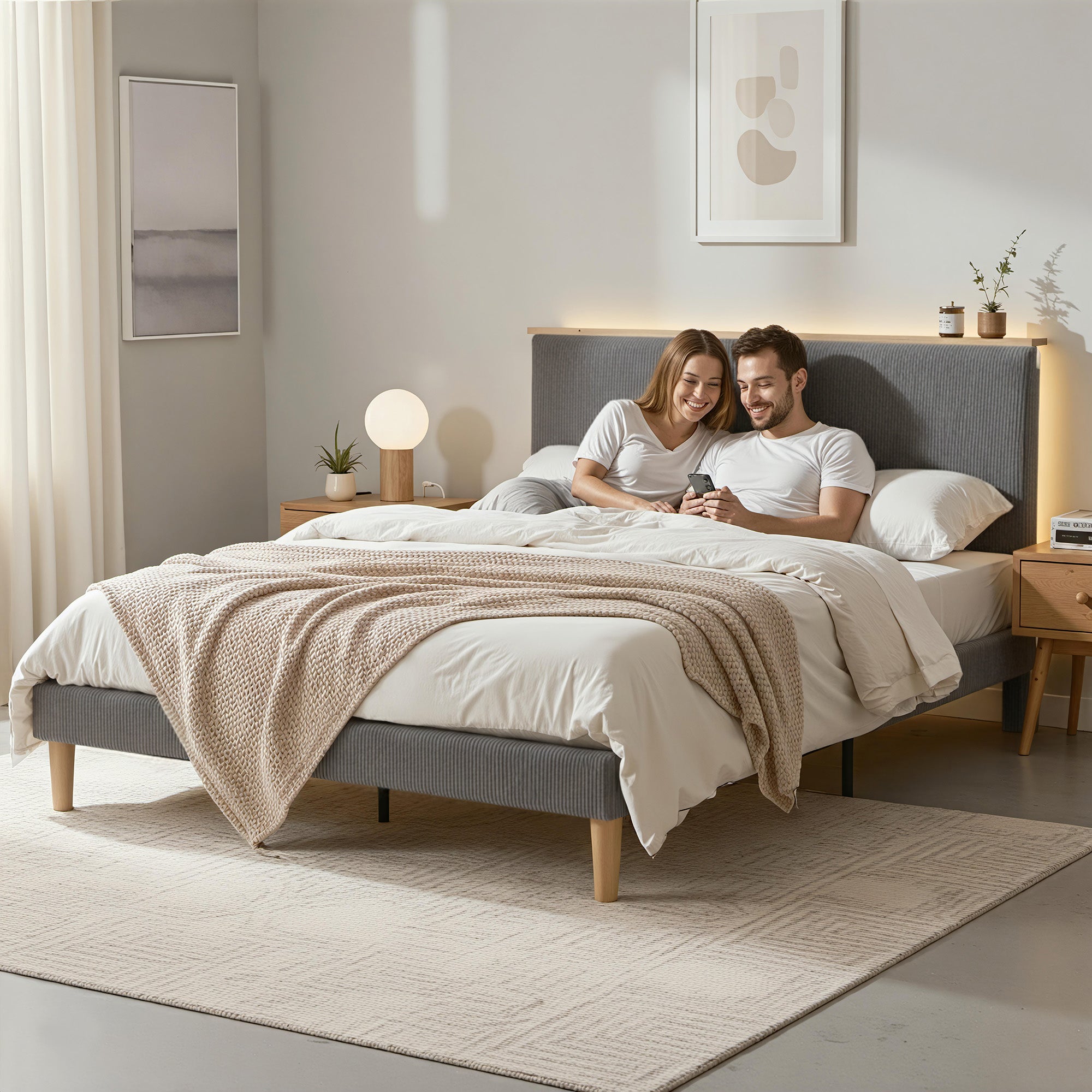 Beds & Bed Frames: Artiss Double Bed Frame Upholstered Adjustable Headboard Mood Lighting Heavy Duty Grey Velvet