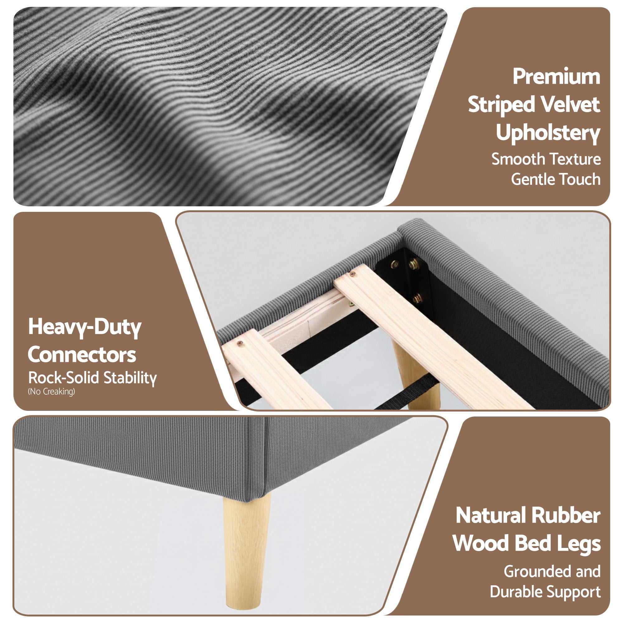 Beds & Bed Frames: Artiss Double Bed Frame Upholstered Adjustable Headboard Mood Lighting Heavy Duty Grey Velvet