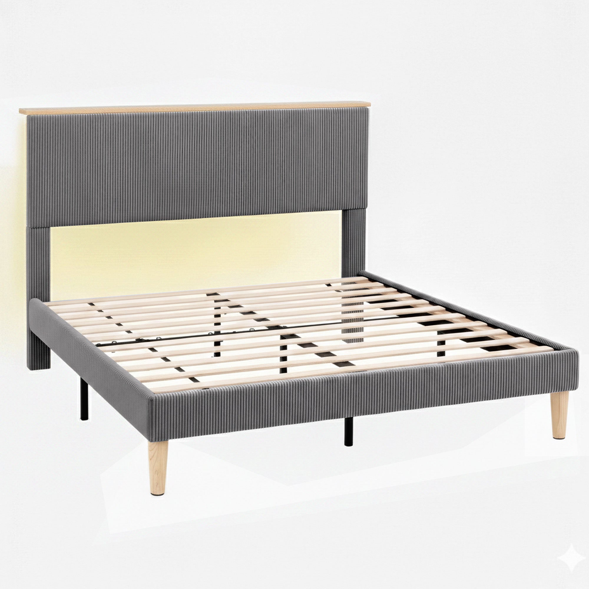 Beds & Bed Frames: Artiss Double Bed Frame Upholstered Adjustable Headboard Mood Lighting Heavy Duty Grey Velvet