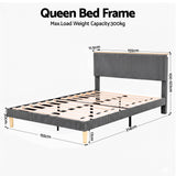 Beds & Bed Frames: Artiss Queen Bed Frame Upholstered Adjustable Headboard Mood Lighting Heavy Duty Grey Velvet