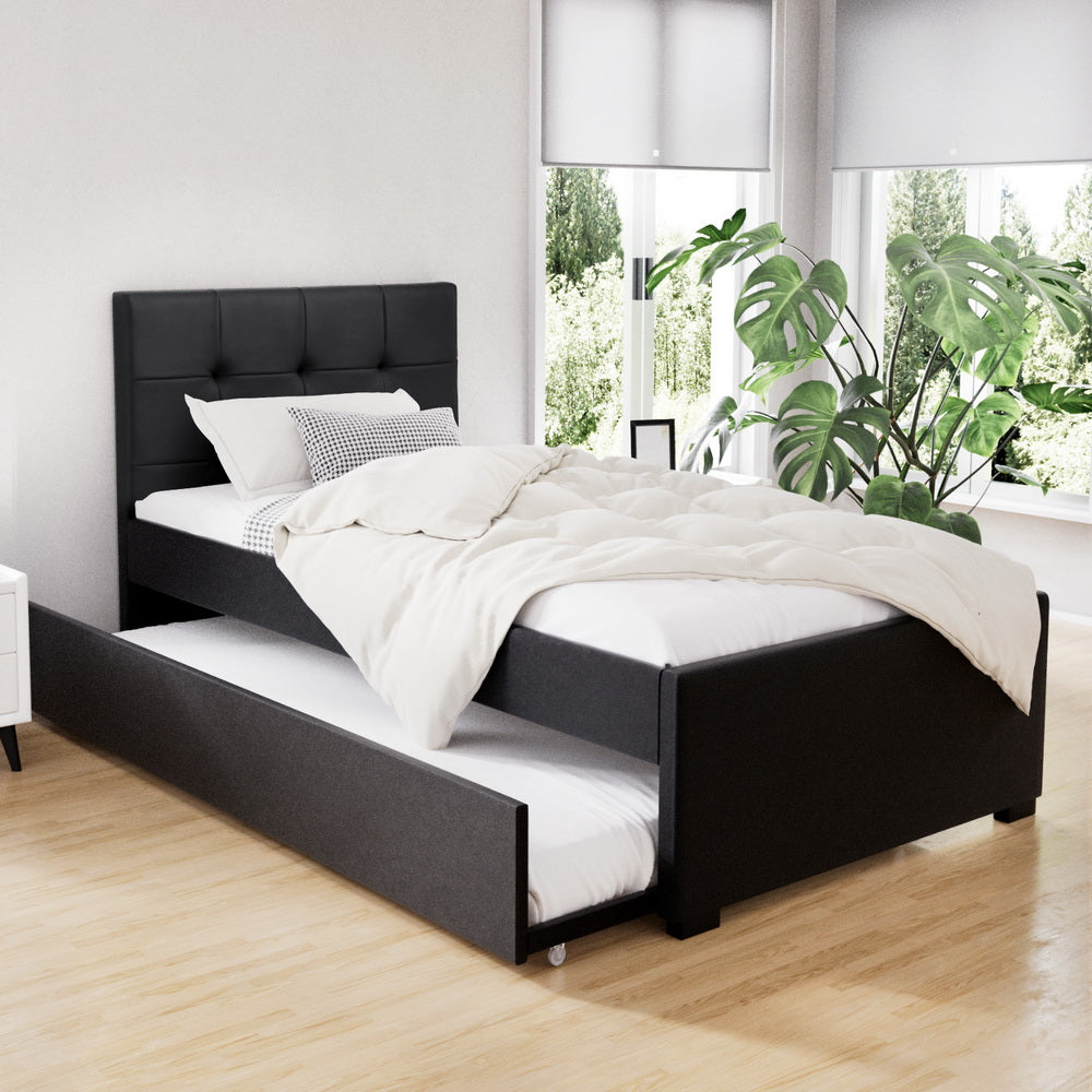 Beds & Bed Frames: Artiss Bed Frame King Single Size Trundle Daybed Black