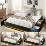Beds & Bed Frames: Artiss Double Bed Frame with Storage Drawers RGB Lights Charging Station Upholstered Fabric