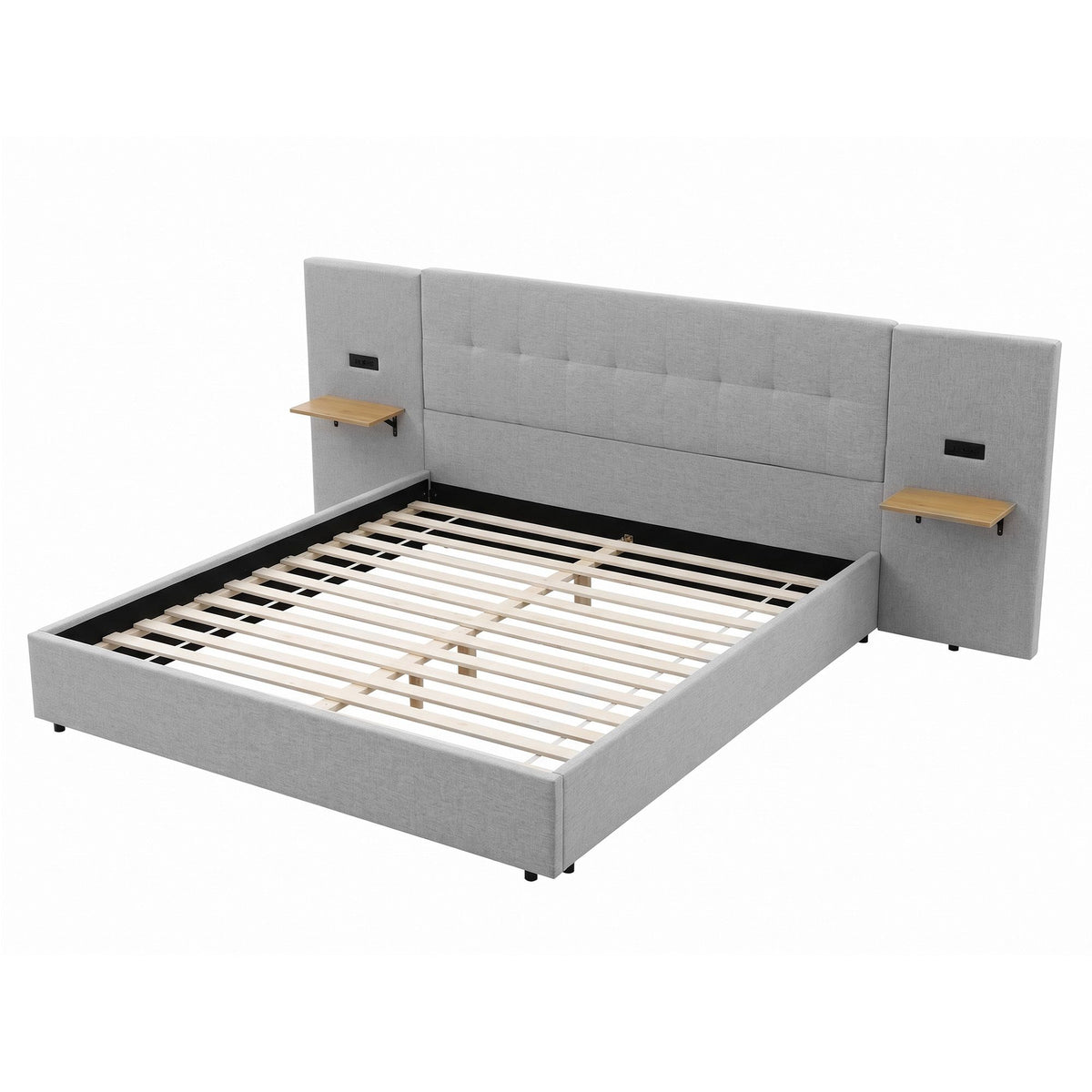 Artiss King Bed Frame with Wide Headboard, Floating Shelves and USB Grey