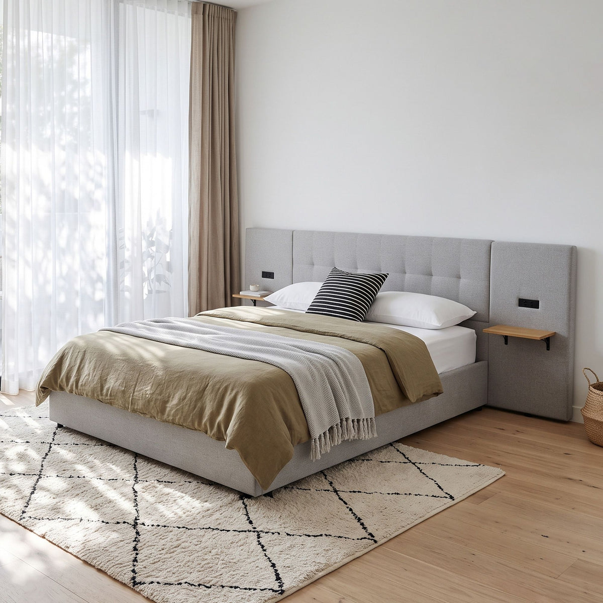 Artiss King Bed Frame with Wide Headboard, Floating Shelves and USB Grey