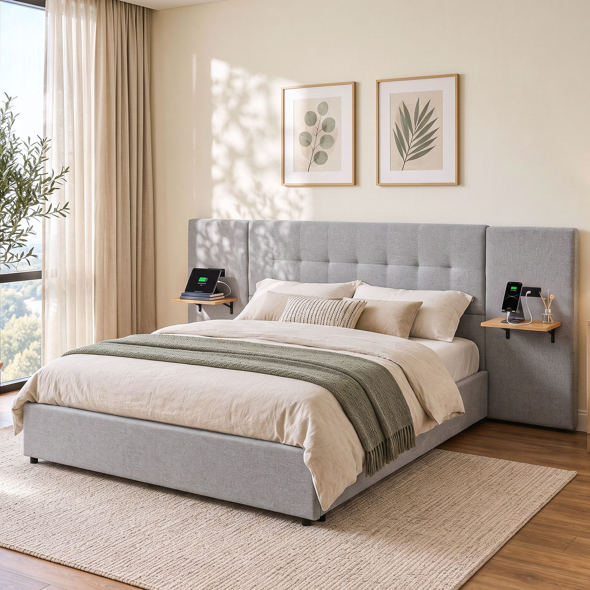 Artiss Queen Bed Frame with Wide Headboard, Floating Shelves and USB Grey
