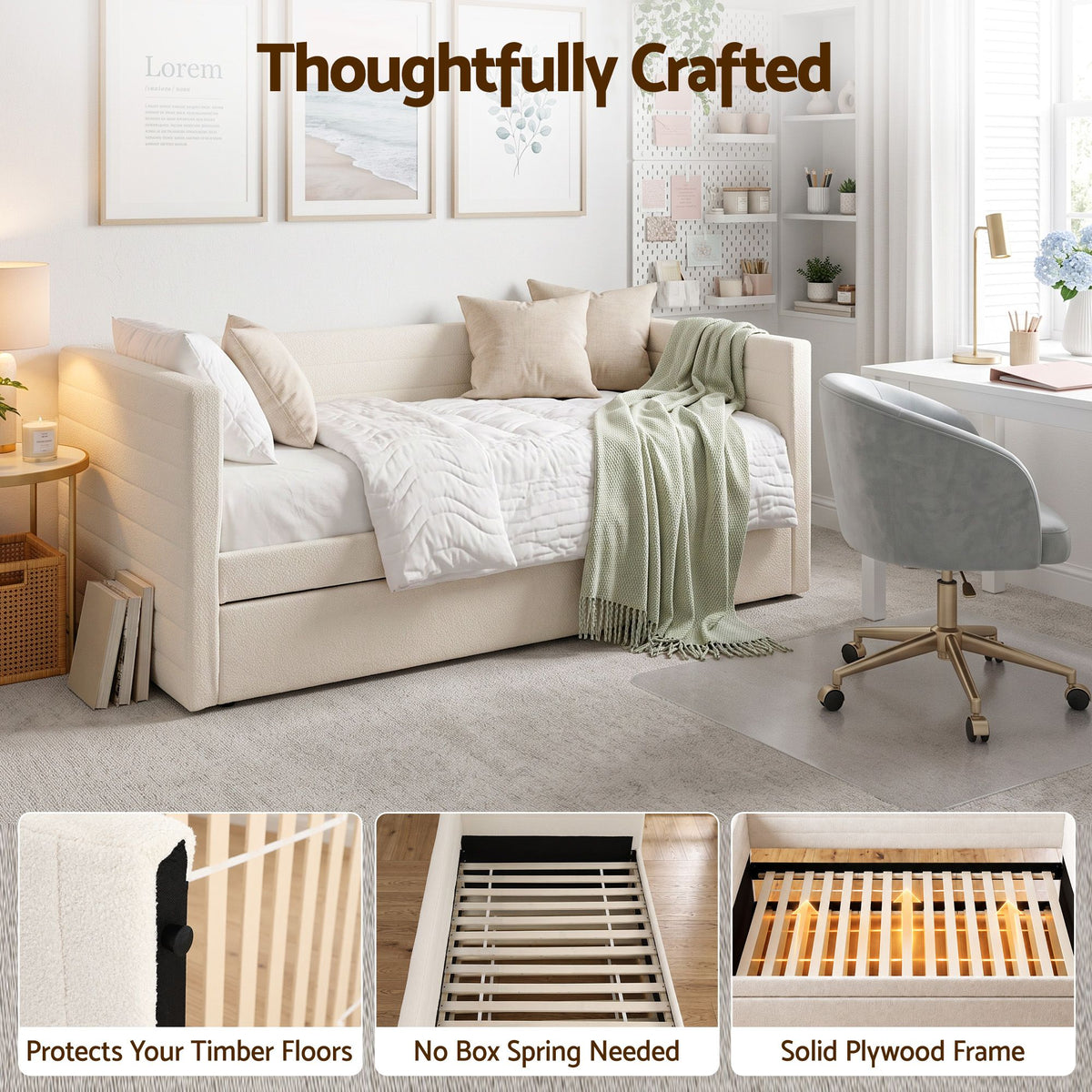 Artiss King Single Daybed with Trundle, Boucle Upholstered Bed Frame Guest Bed