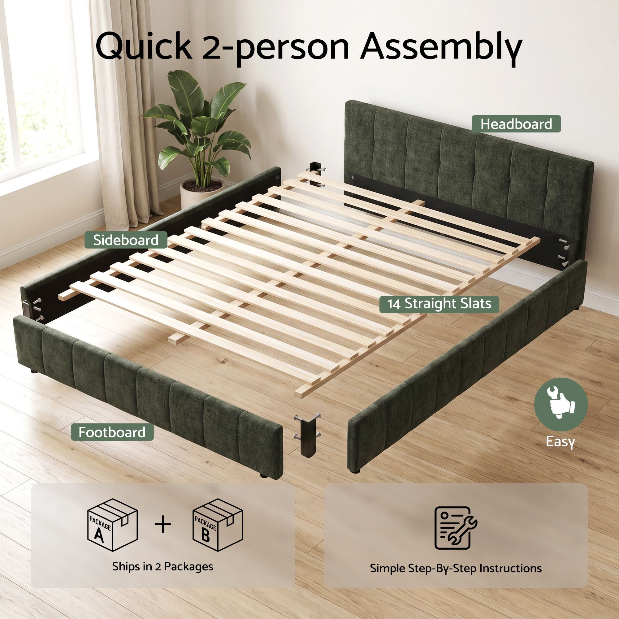 Artiss King Bed Frame Chenille Heavy Duty Platform Base Green 300kg Support No Box Spring Needed