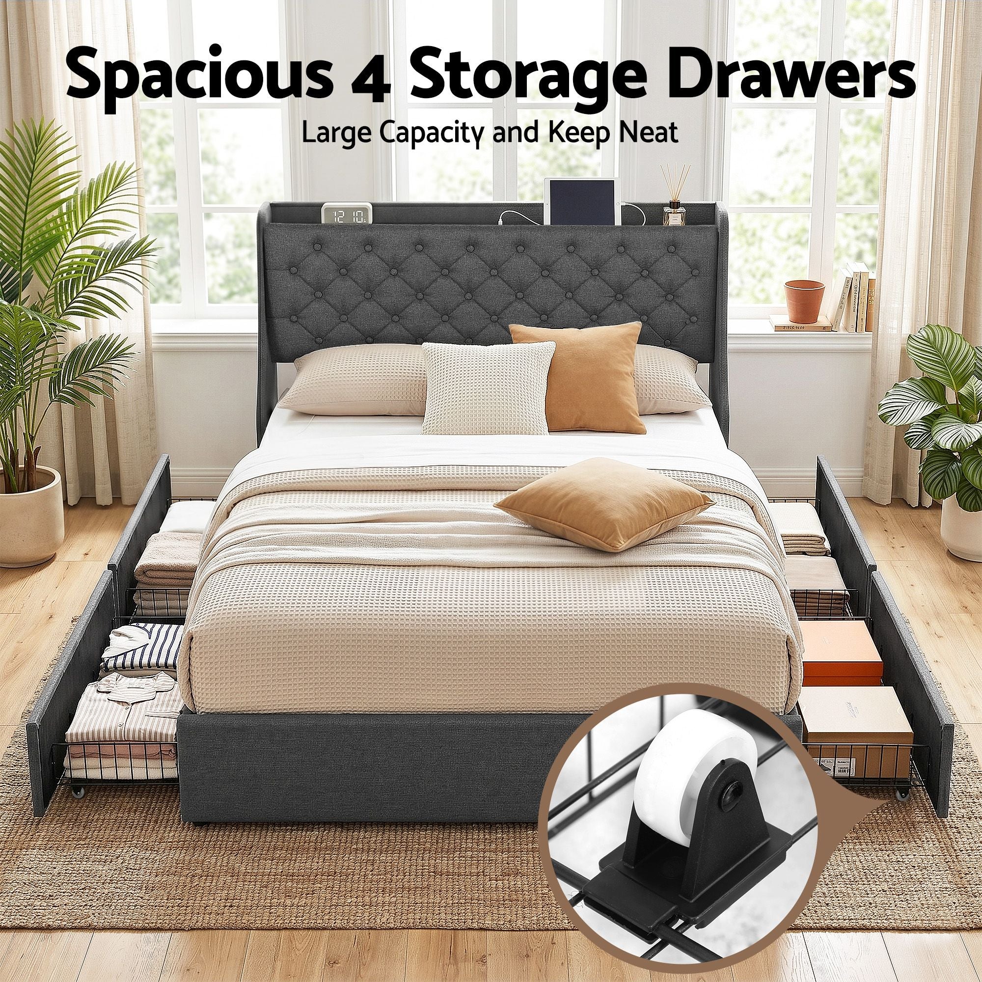 Artiss Double Bed Frame with 4 Storage Drawers and Charging Station Tufted Wingback Headboard 300kg Loads Charcoal Grey