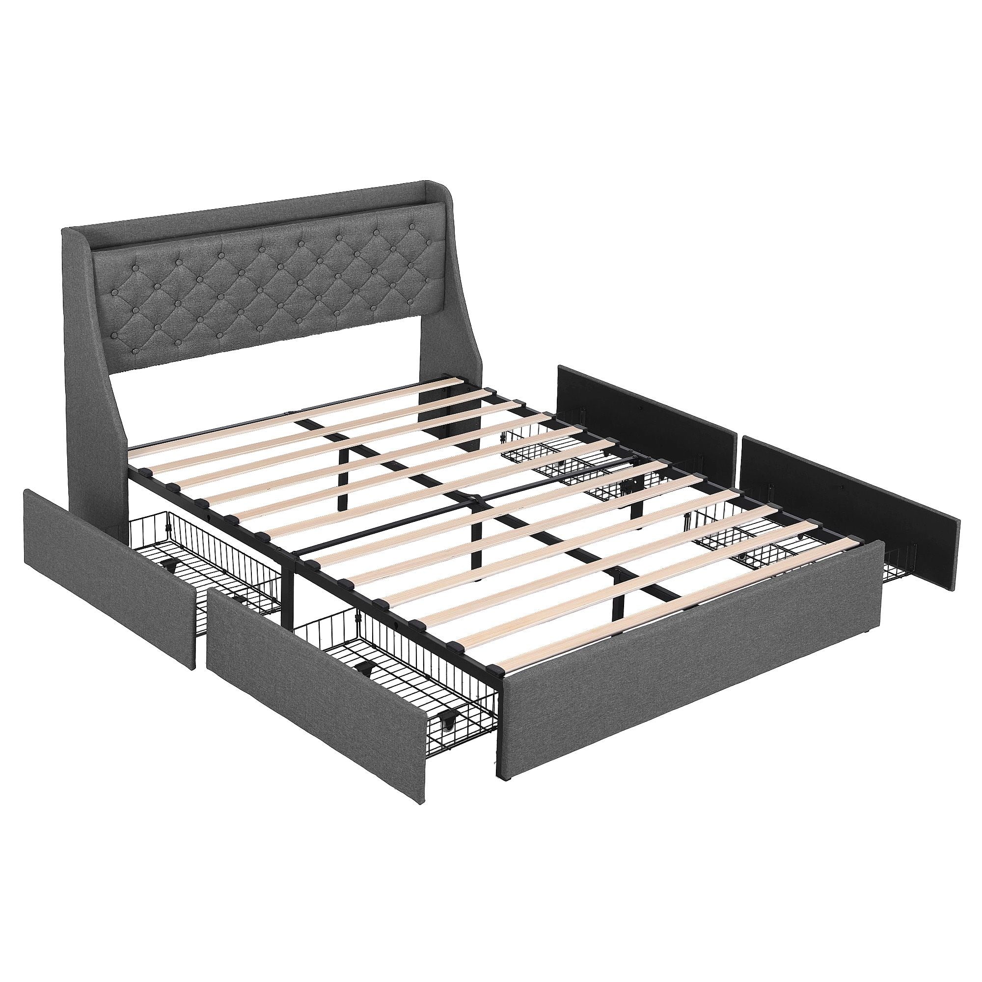 Artiss Double Bed Frame with 4 Storage Drawers and Charging Station Tufted Wingback Headboard 300kg Loads Charcoal Grey