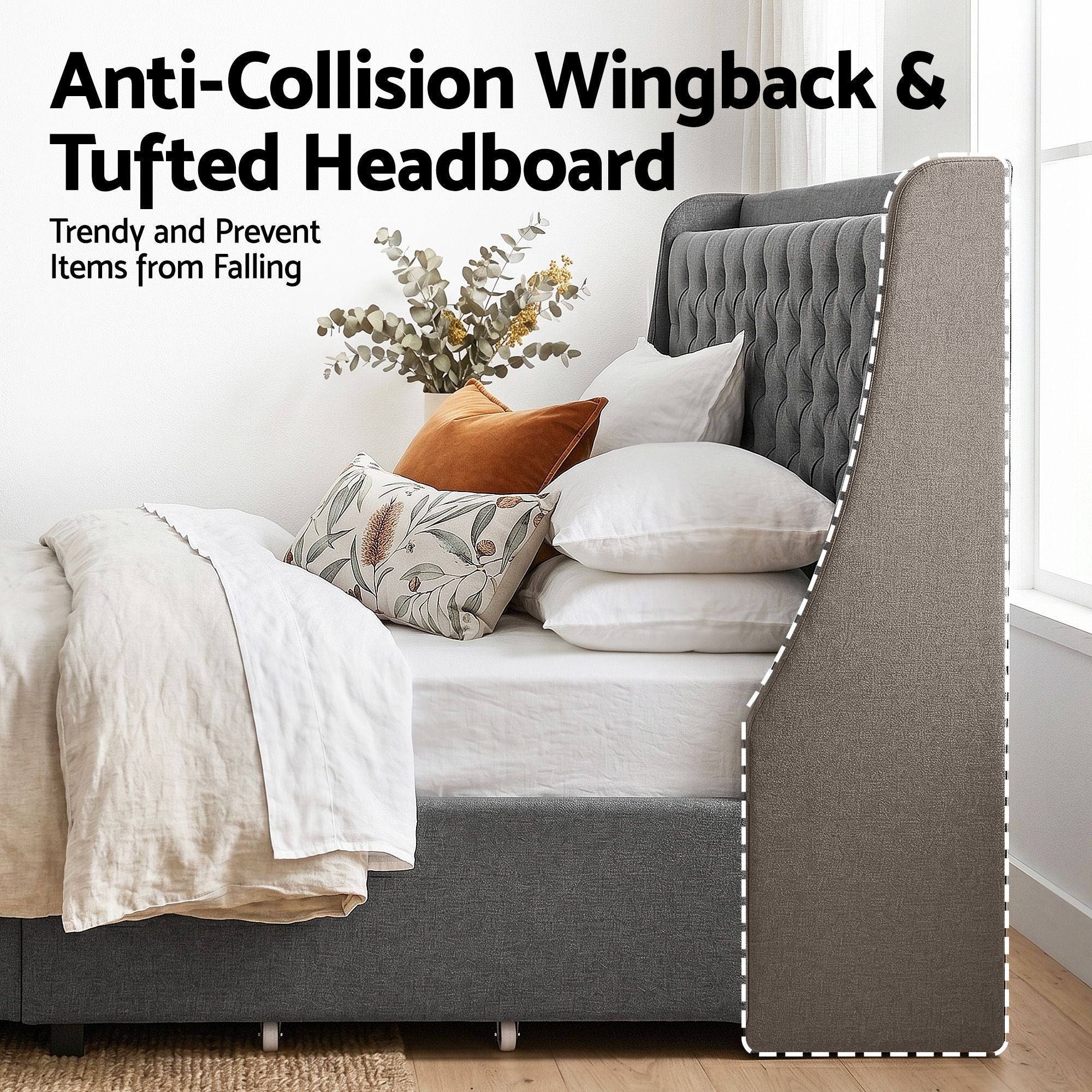 Artiss King Bed Frame with 4 Storage Drawers and Charging Station Tufted Wingback Headboard 300kg Loads Charcoal Grey