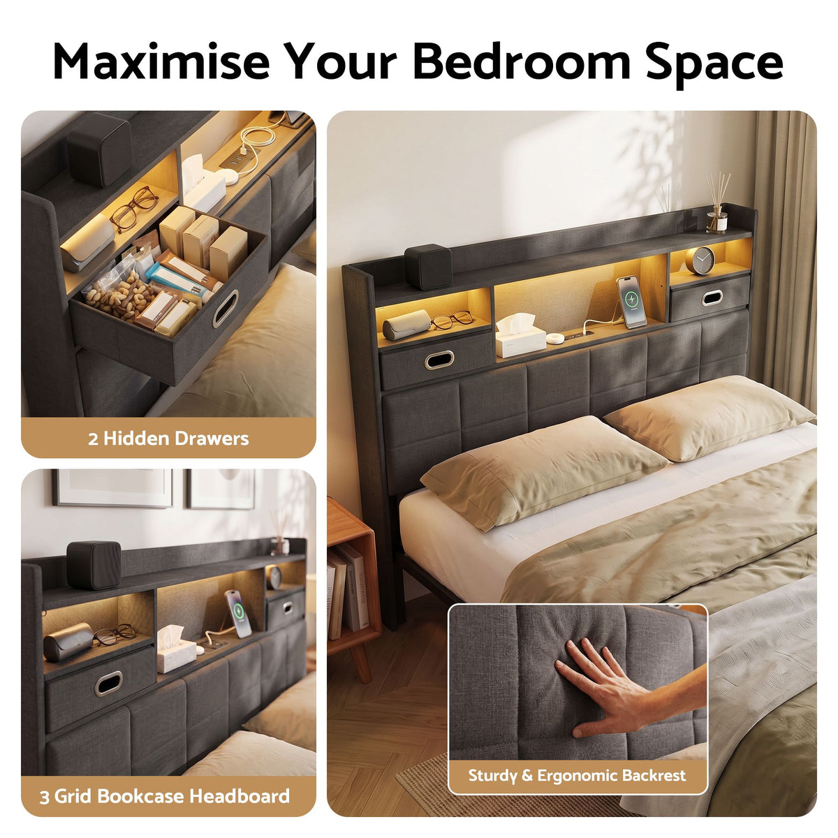 Artiss Double Bed Frame with 2 Storage Drawers & Headboard, USB Charging Station, RGB LED Light