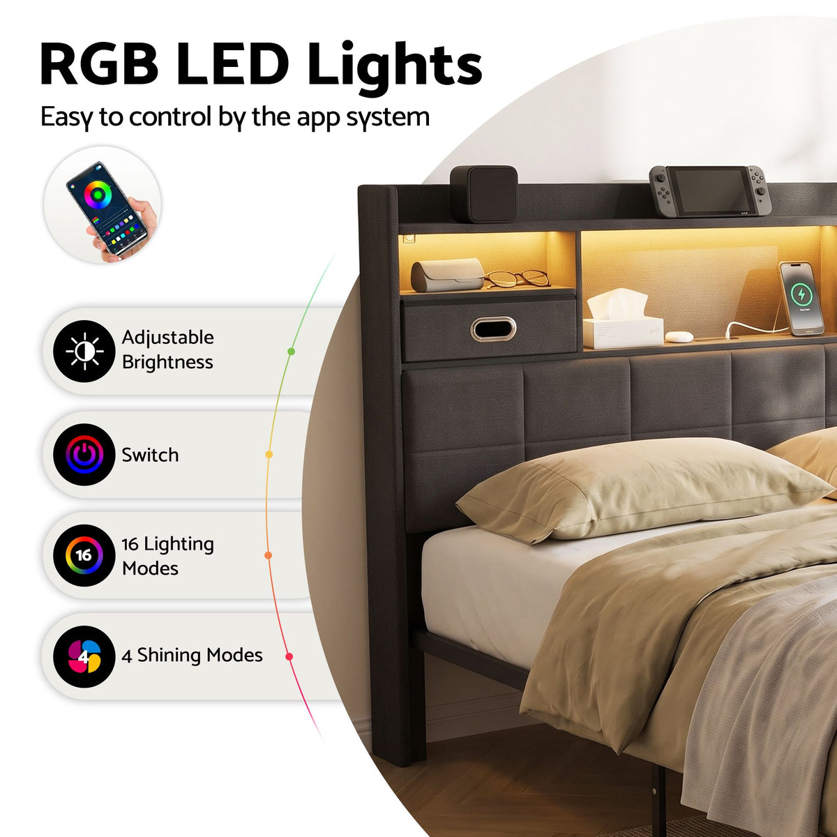 Artiss Double Bed Frame with 2 Storage Drawers & Headboard, USB Charging Station, RGB LED Light