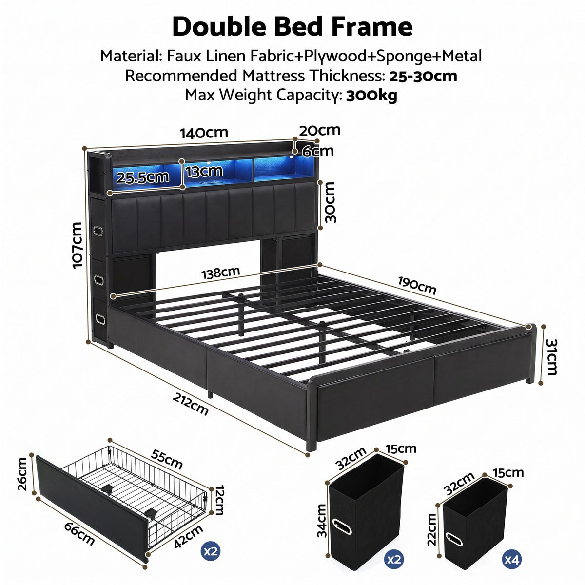 Artiss Double Bed Frame with Storage Headboard, 2 Drawers, Charging Station LED Light