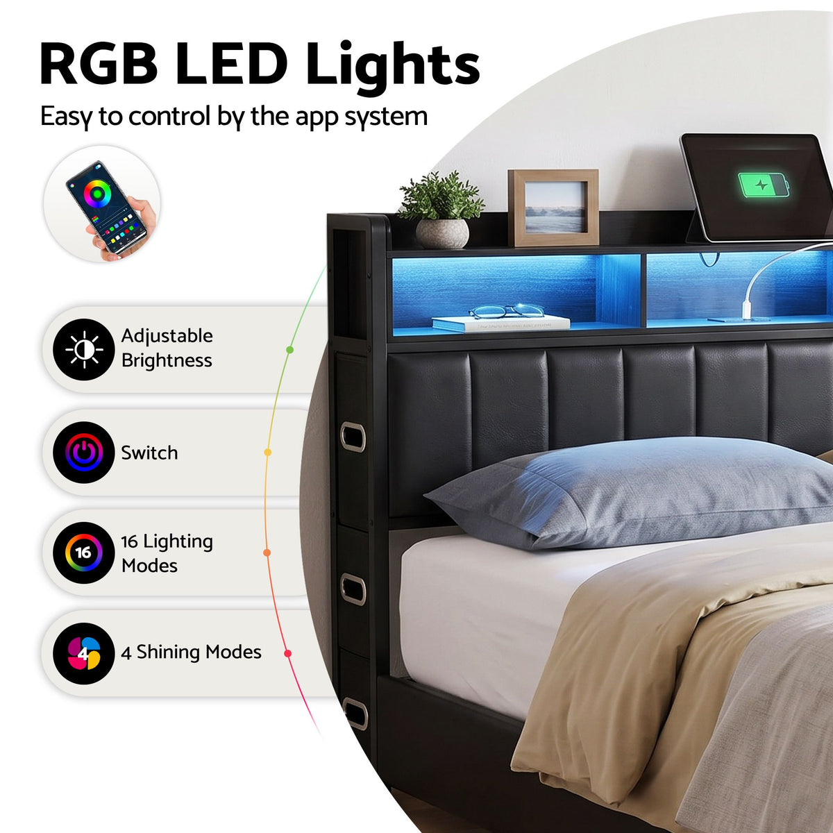 Artiss Double Bed Frame with Storage Headboard, 2 Drawers, Charging Station LED Light