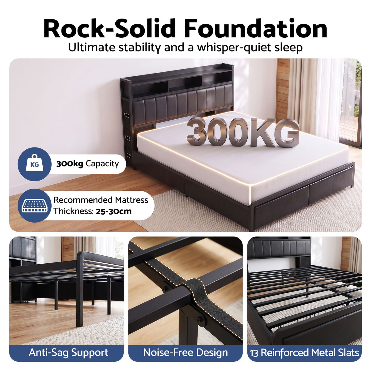 Artiss Double Bed Frame with Storage Headboard, 2 Drawers, Charging Station LED Light