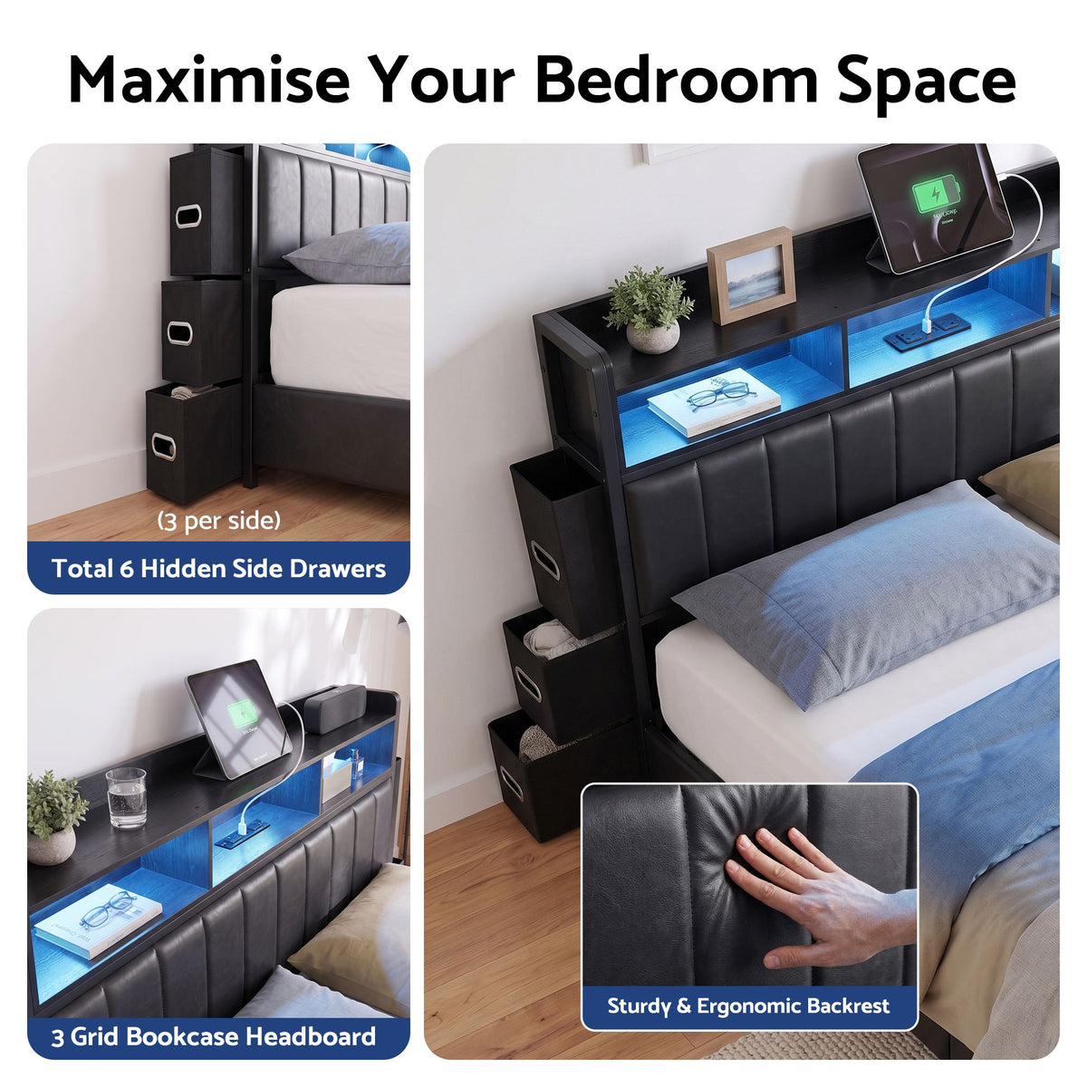 Artiss Queen Bed Frame with Storage Headboard, 2 Drawers, Charging Station& LED Light