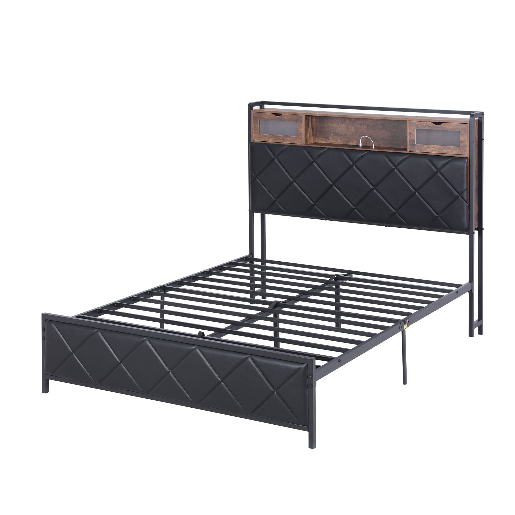 Artiss Double Bed Frame with LED Lights Storage Headboard 2 USB 2 AC Outlets Charging Station
