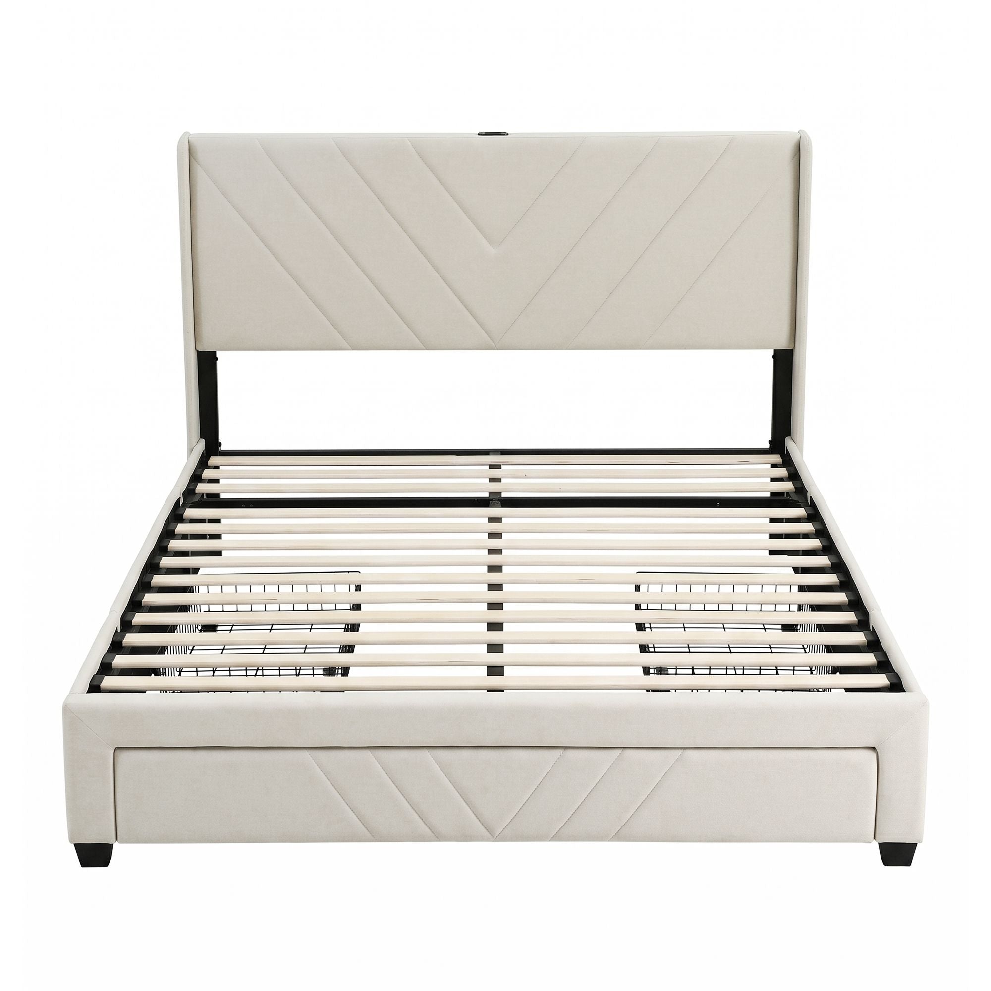 Artiss King Bed Frame with Charging Station and Storage Drawers Beige 300KG Noise Free