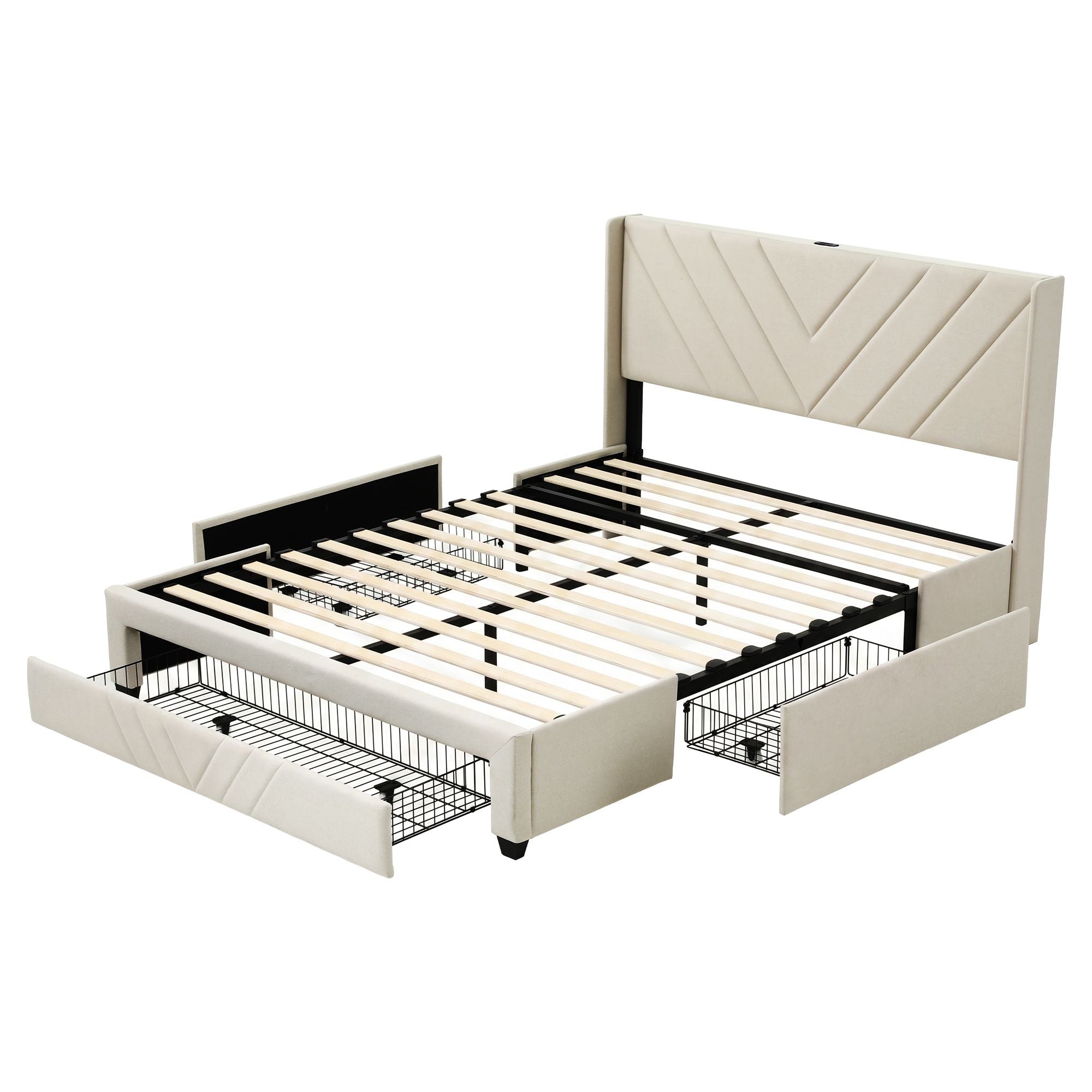 Artiss Queen Bed Frame with Charging Station and Storage Drawers Beige 300KG Noise Free
