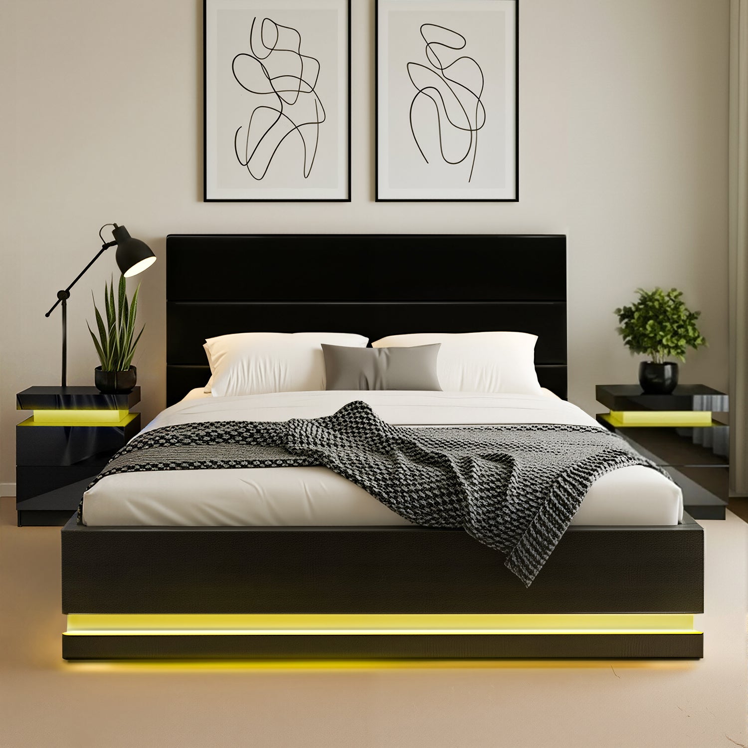 Beds & Bed Frames: Artiss RGB LED Queen Bed Frame with 2 Beside Tables Set 16 Colour Mood Lighting