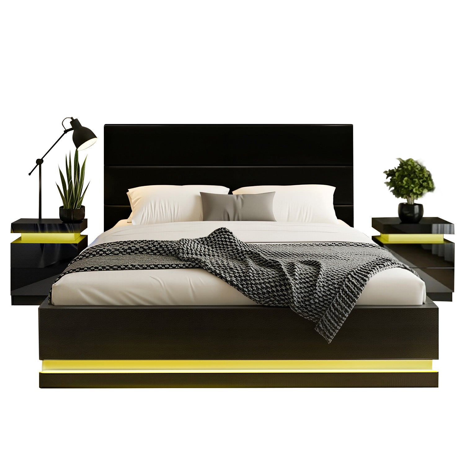 Beds & Bed Frames: Artiss RGB LED Queen Bed Frame with 2 Beside Tables Set 16 Colour Mood Lighting