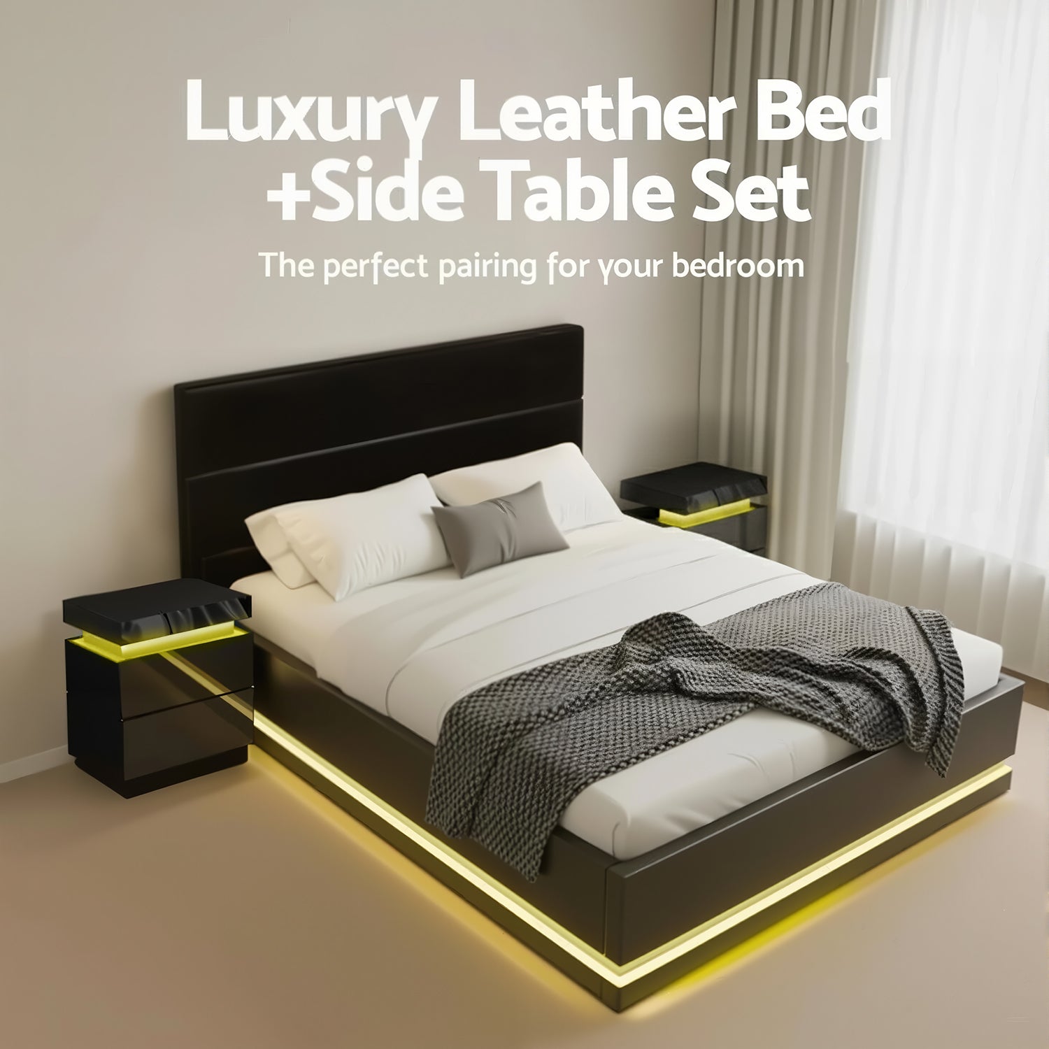 Beds & Bed Frames: Artiss RGB LED Queen Bed Frame with 2 Beside Tables Set 16 Colour Mood Lighting
