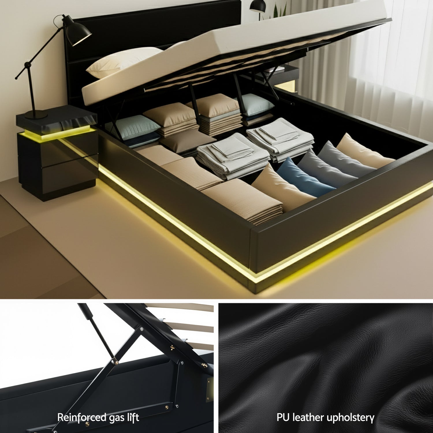 Beds & Bed Frames: Artiss RGB LED Queen Bed Frame with 2 Beside Tables Set 16 Colour Mood Lighting