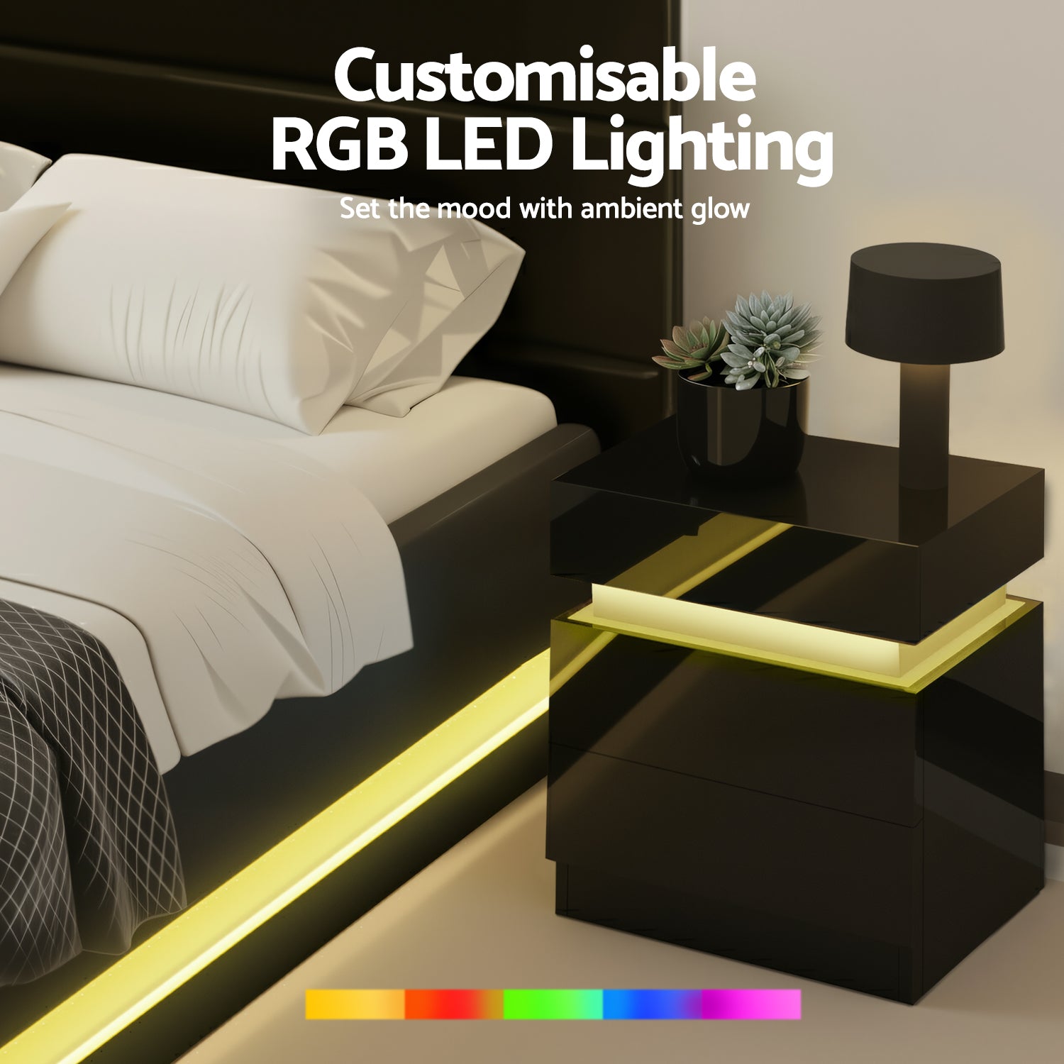Beds & Bed Frames: Artiss RGB LED Queen Bed Frame with 2 Beside Tables Set 16 Colour Mood Lighting