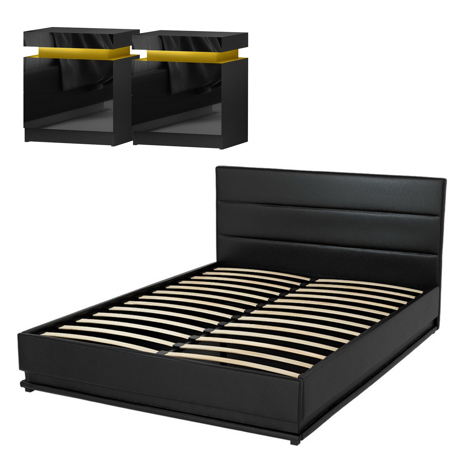 Beds & Bed Frames: Artiss RGB LED Queen Bed Frame with 2 Beside Tables Set 16 Colour Mood Lighting