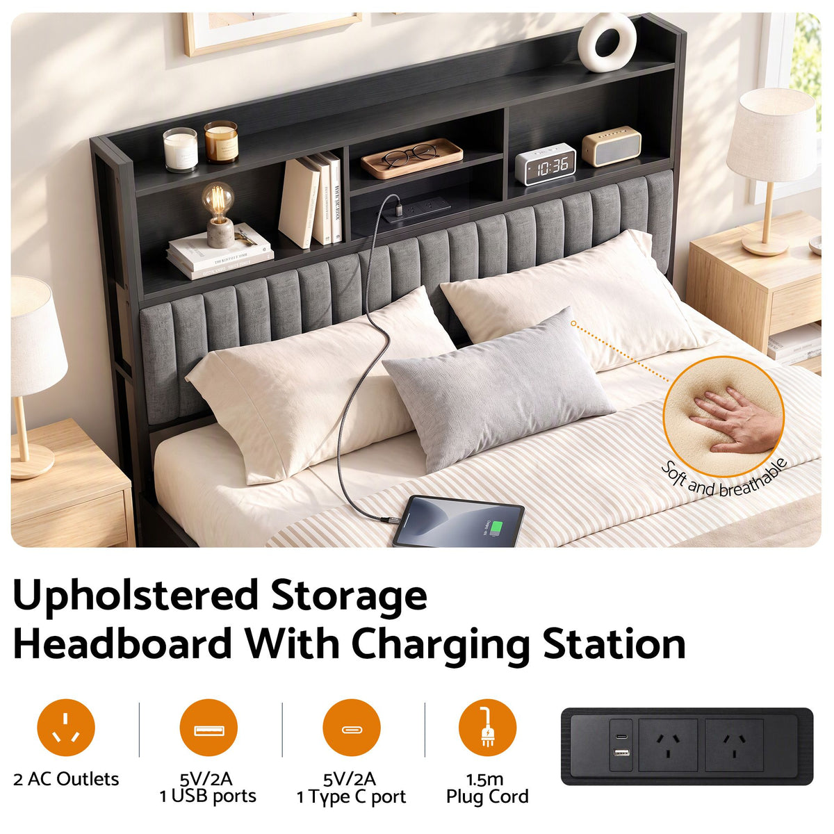 Artiss King Bed Frame with Storage, 4 Drawers and Charging Station