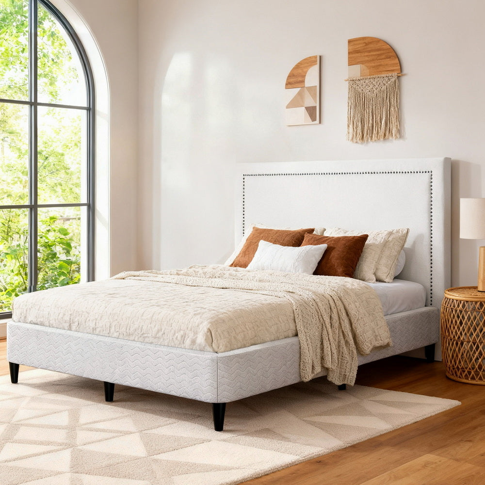 Beds & Bed Frames: Artiss Queen Bed Frame with Headboard Platform Bed Base Grey Beige Fabric Metal