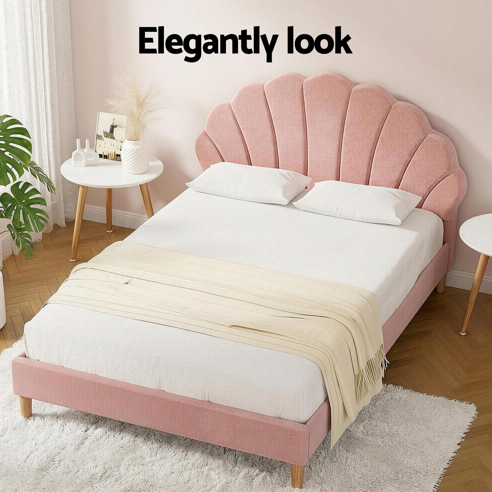 Artiss Double Bed Frame and Round Coffee Table Set Pink Velvet Bedhead with Wooden Side Table