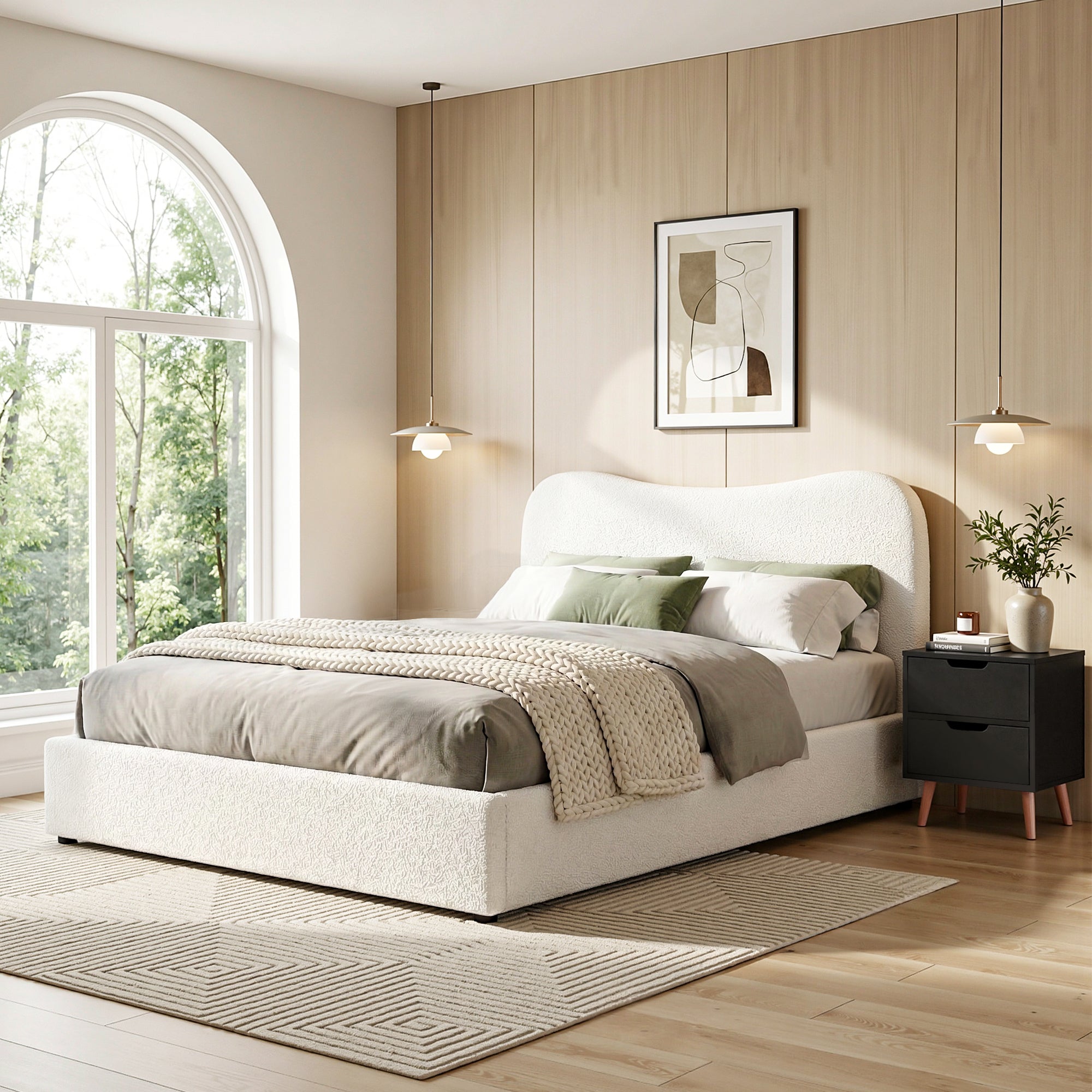Beds & Bed Frames: Artiss Double Bed Frame and Bedside Table Set Boucle Beige with Headboard Black Nightstand