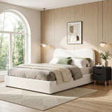 Beds & Bed Frames: Artiss Double Bed Frame and Bedside Table Set Boucle Beige with Headboard Black Nightstand