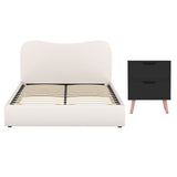 Beds & Bed Frames: Artiss Double Bed Frame and Bedside Table Set Boucle Beige with Headboard Black Nightstand
