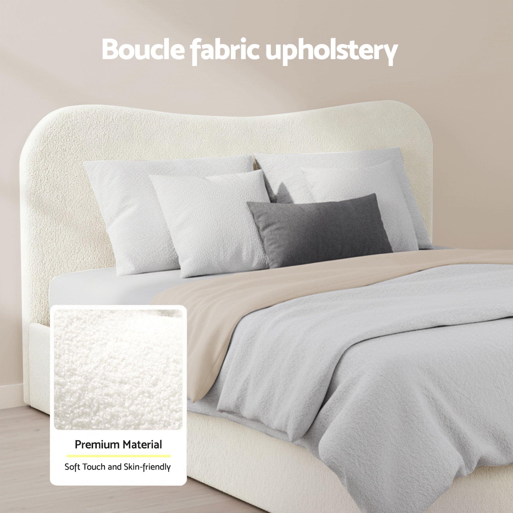 Beds & Bed Frames: Artiss Double Bed Frame and Bedside Table Set Boucle Beige with Headboard Black Nightstand