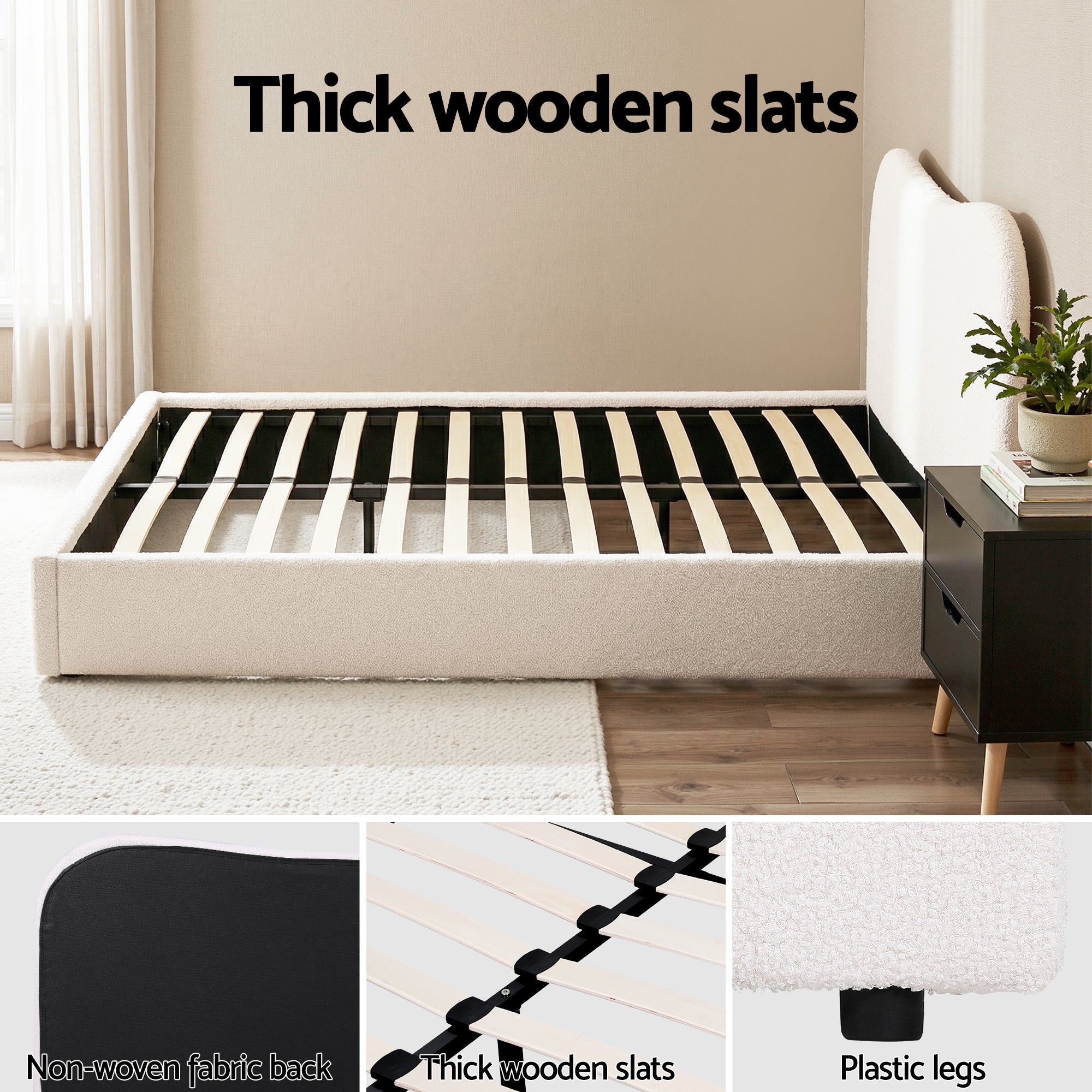 Beds & Bed Frames: Artiss Double Bed Frame and Bedside Table Set Boucle Beige with Headboard Black Nightstand