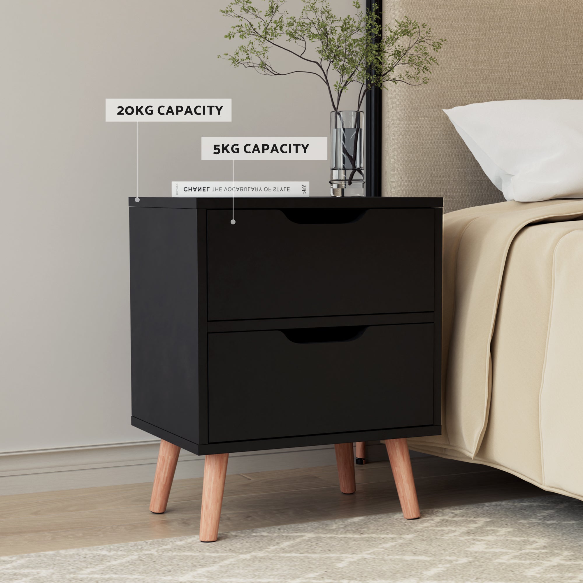 Beds & Bed Frames: Artiss Double Bed Frame and Bedside Table Set Boucle Beige with Headboard Black Nightstand