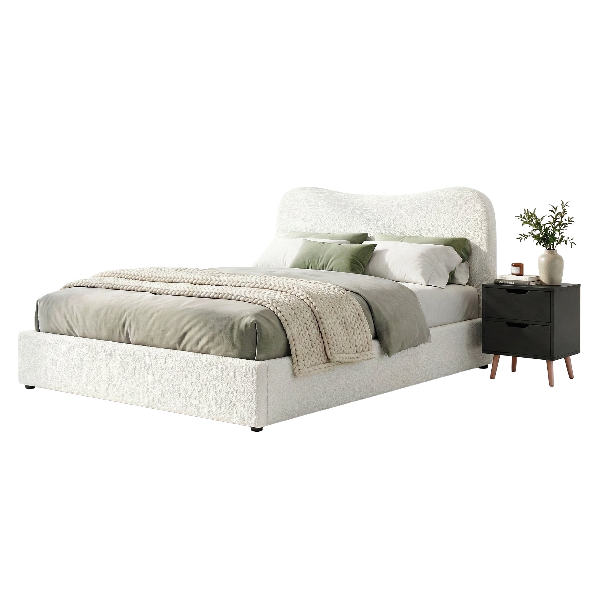 Beds & Bed Frames: Artiss Double Bed Frame and Bedside Table Set Boucle Beige with Headboard Black Nightstand