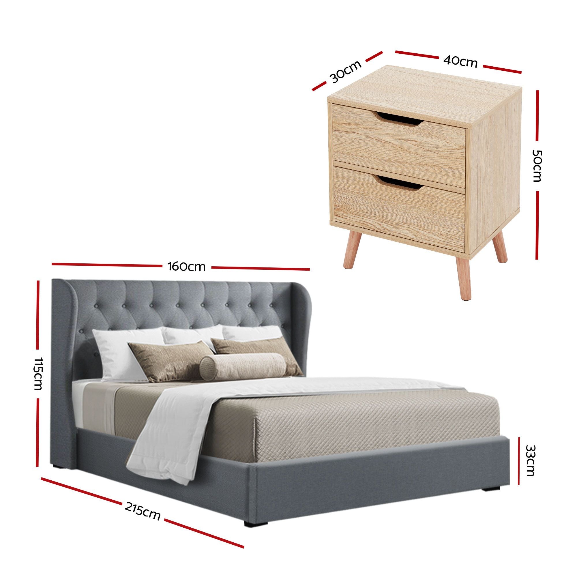 Artiss Gas Lift Queen Bed Frame and Bedside Table Set 2 Drawer Nightstand Bedroom Furniture Bundle