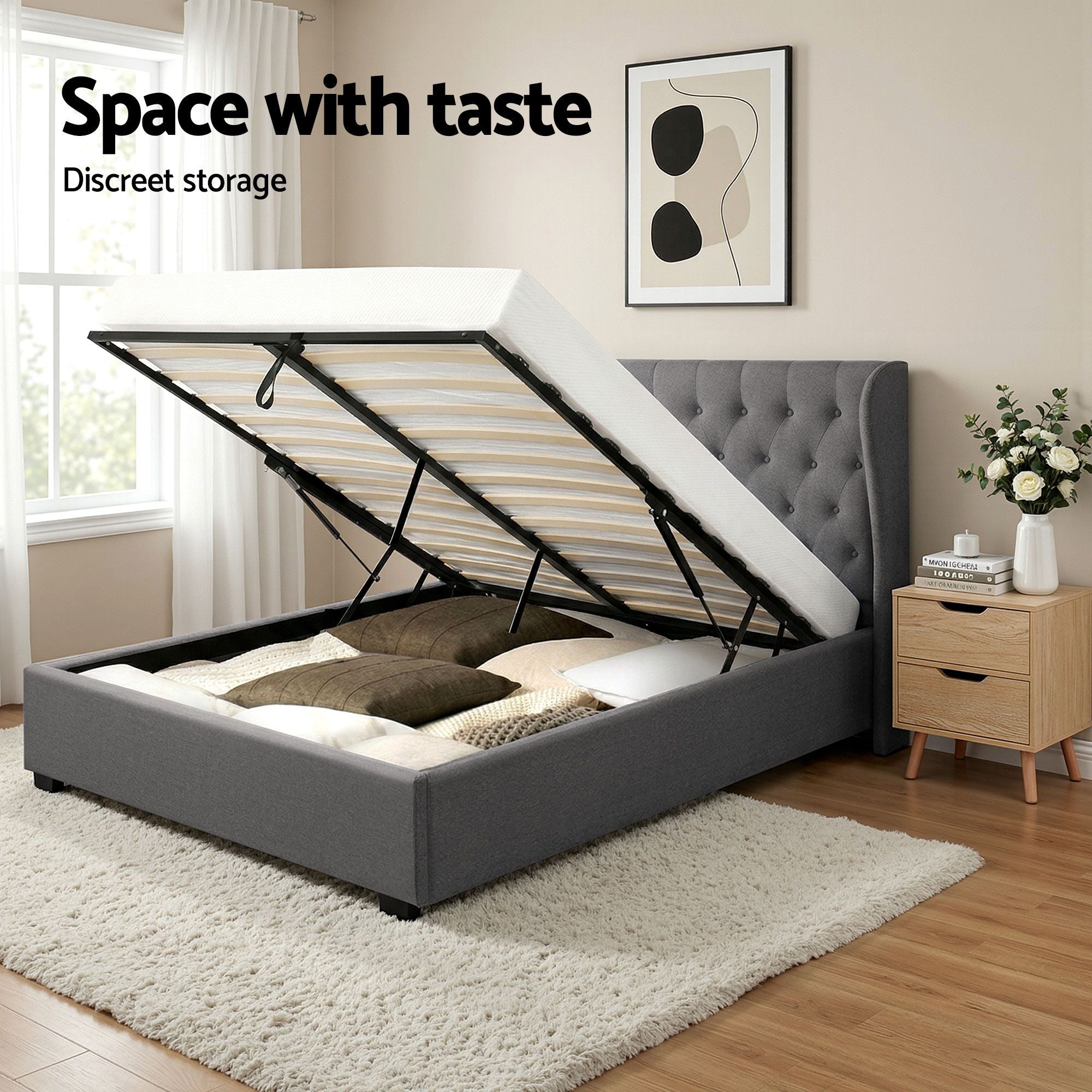 Artiss Gas Lift Queen Bed Frame and Bedside Table Set 2 Drawer Nightstand Bedroom Furniture Bundle