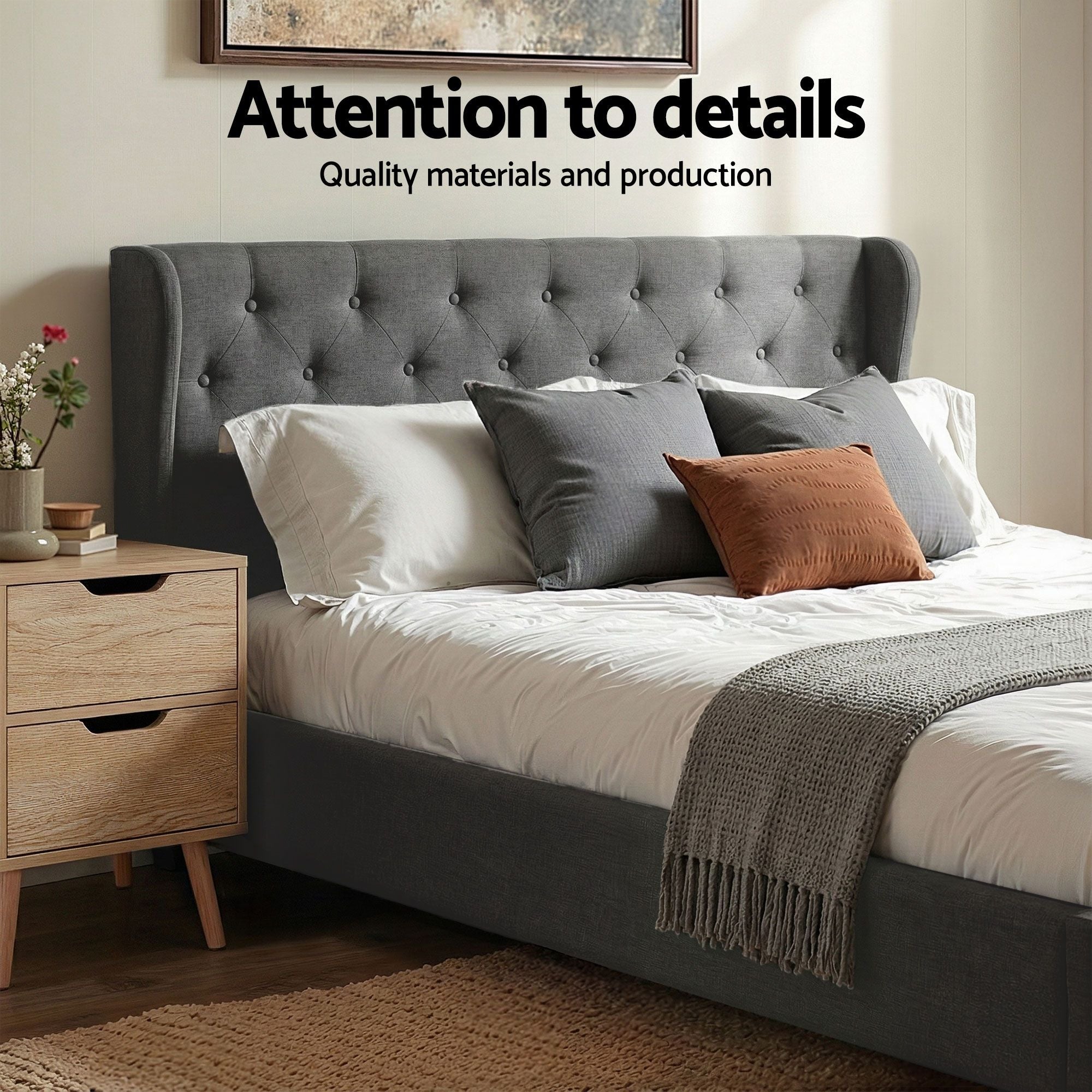 Artiss Gas Lift Queen Bed Frame and Bedside Table Set 2 Drawer Nightstand Bedroom Furniture Bundle