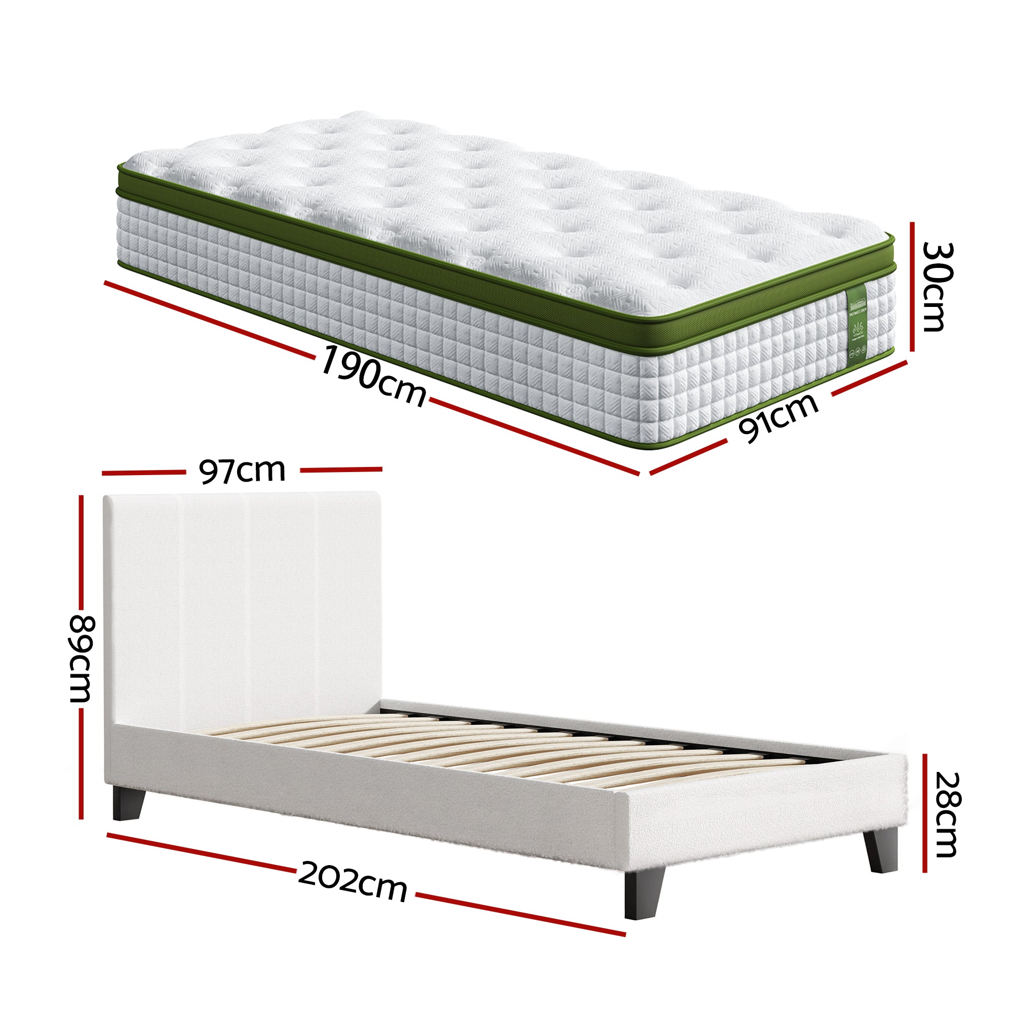 Beds & Bed Frames: Artiss Single Bed Frame with Hybrid Mattress Set 30cm Medium Firm Platform Headboard Boucle Upholstered Pocket Coil for Pressure Relief