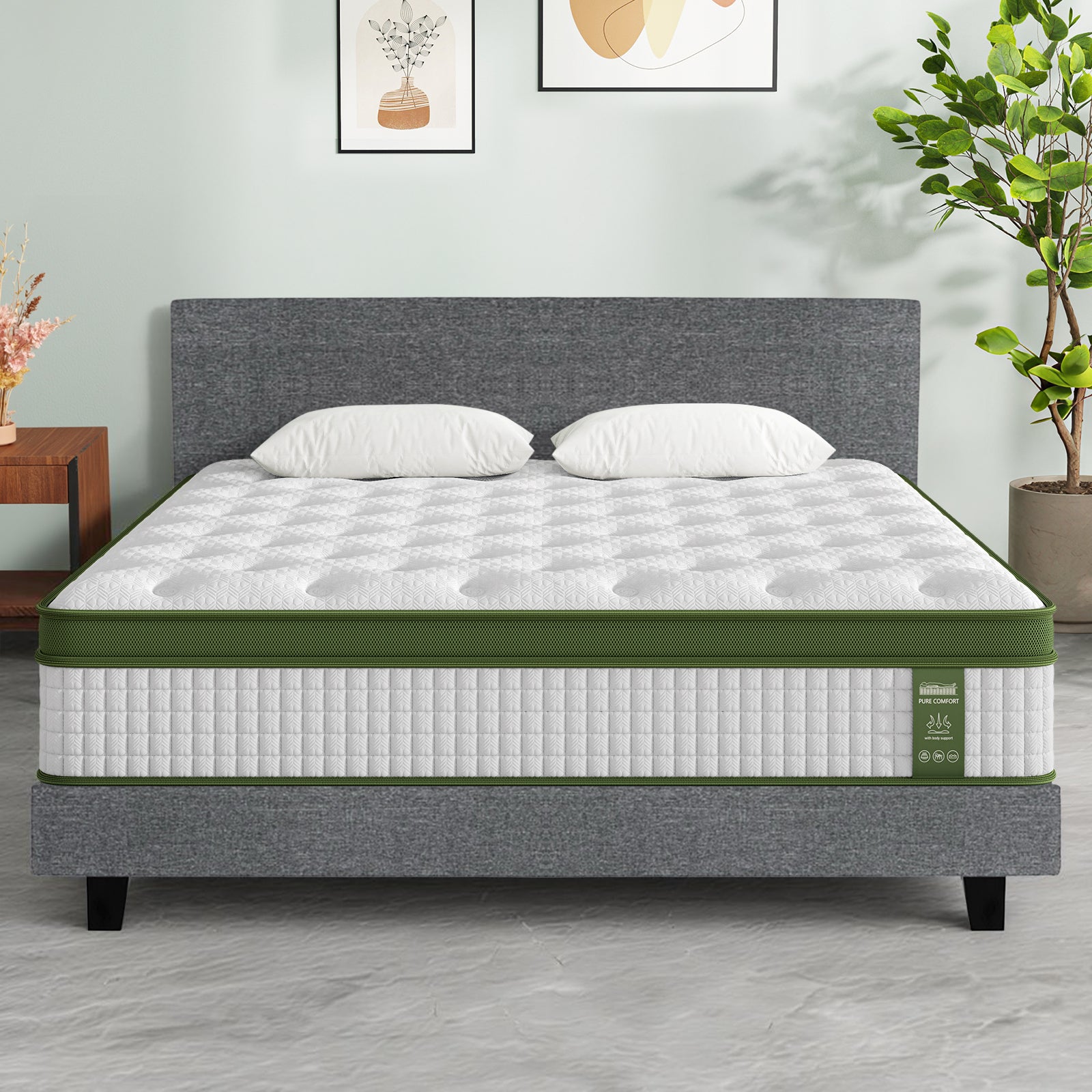 Beds & Bed Frames: Artiss BedStory King Bed Frame Set With Hybrid Mattress Medium Firm Linen Grey