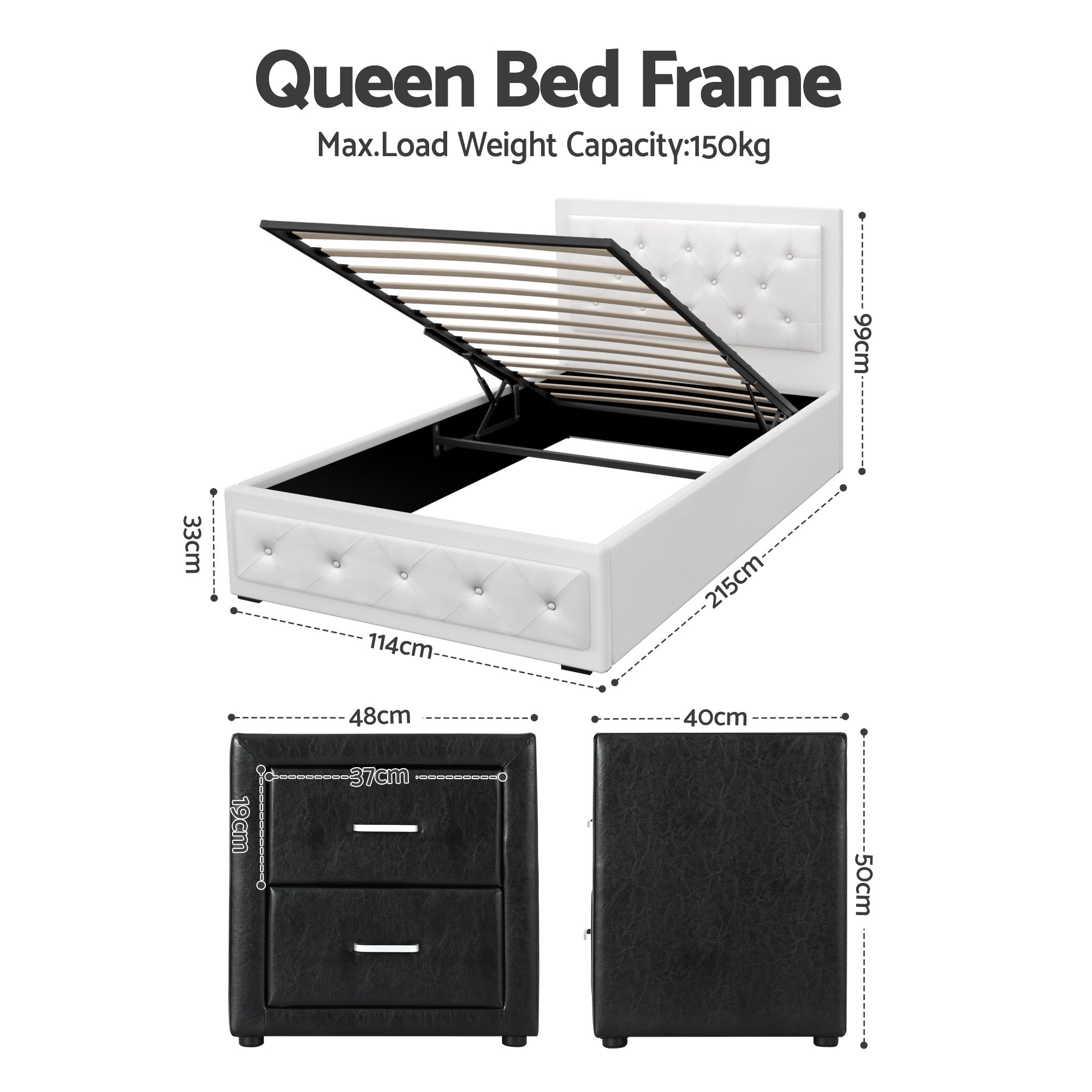 Artiss King Single Bed Frame Storage White Leather Gas Lift Bed Black Bedside Table Set