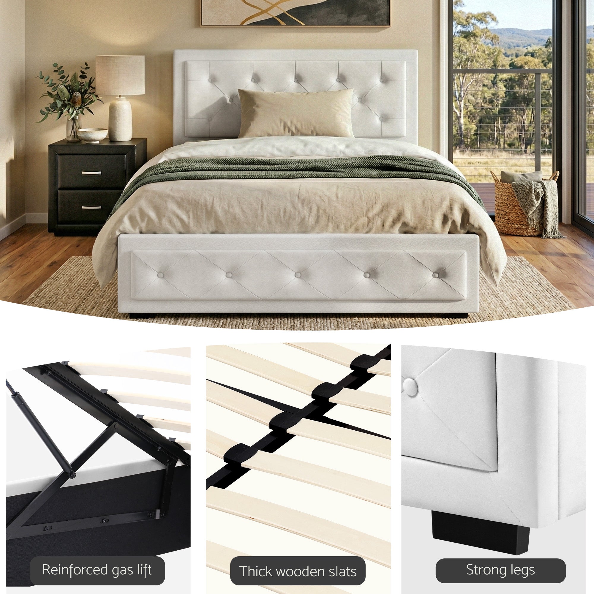 Artiss King Single Bed Frame Storage White Leather Gas Lift Bed Black Bedside Table Set